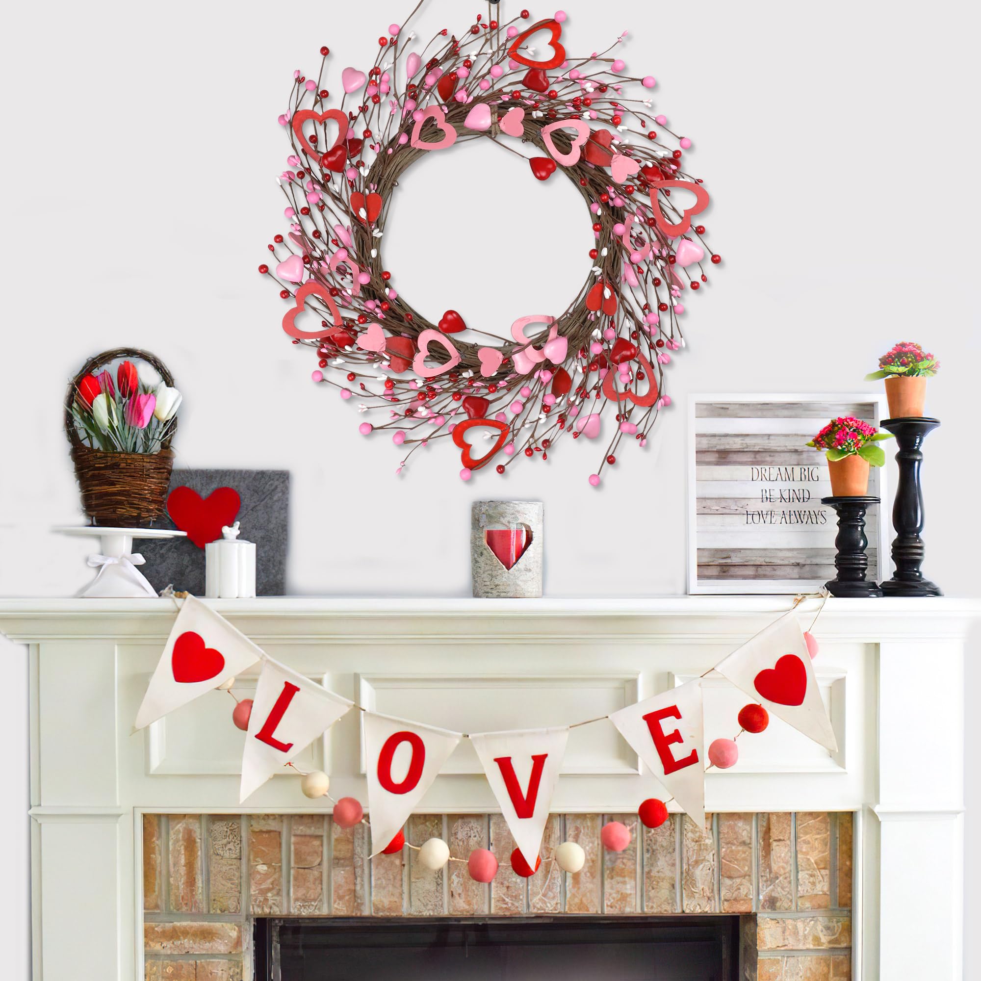 Valentine's Day Wreath, 18 Inch Artificial Valentines Day Wreaths for Front Door Farmhouse with Red Pink White Wooden Heart Berries, Valentines Day Decorations for Anniversary Wedding Indoor Outdoor