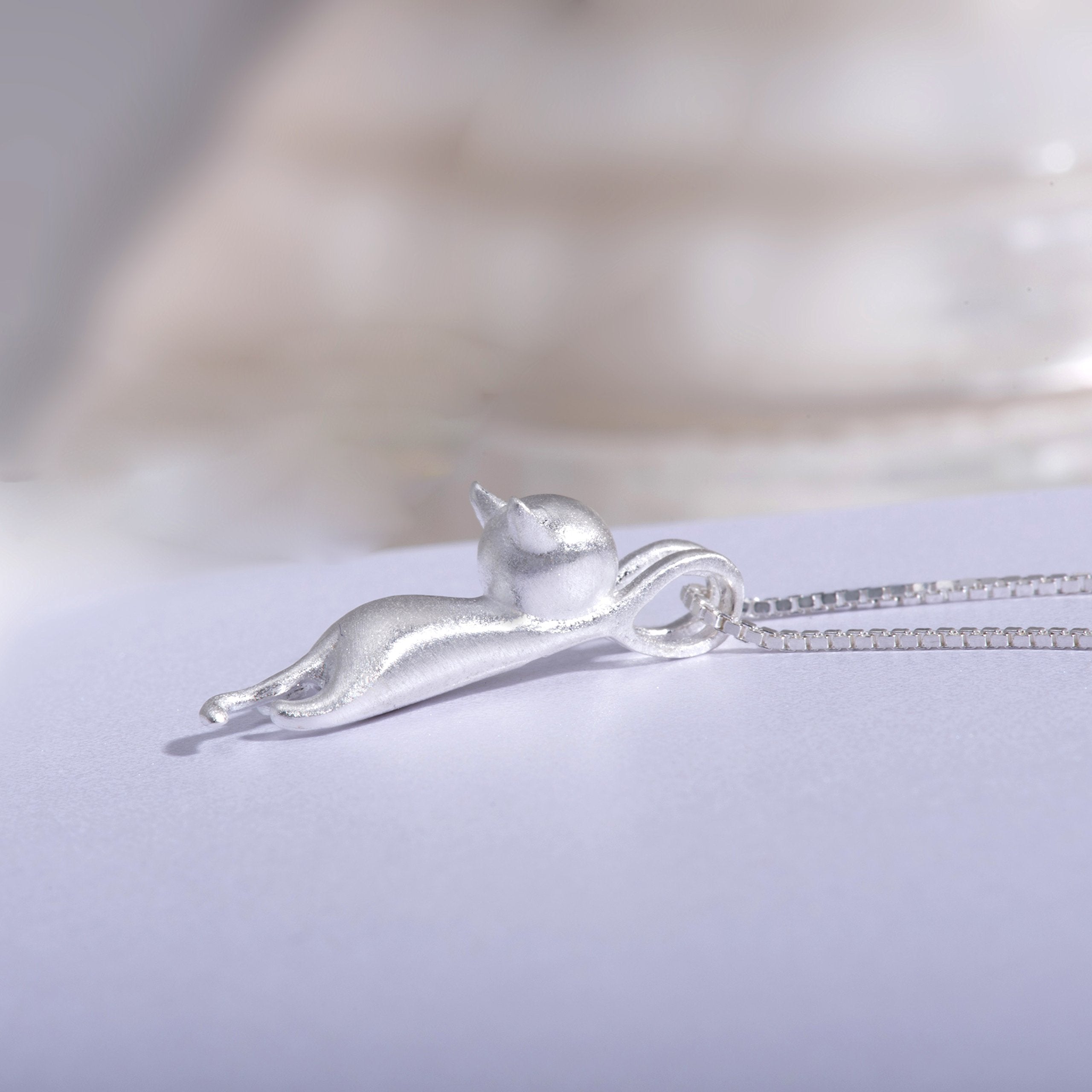 S.Leaf Sterling Silver Cat Necklaces for Women Cat Jewelry for Women Cat Accessories for Women Cat Mom Lover Lady Themed Gifts Cute Silver Kitten Jewelry Birthday Gifts for Women (04_Matte_Silver)