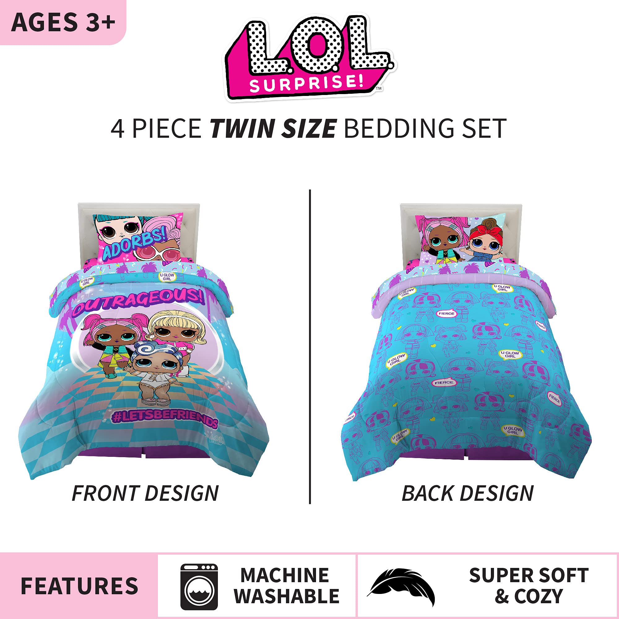 Franco Kids Bedding Super Soft Microfiber Comforter and Sheet Set, 4 Piece Twin Size, LOL Surprise