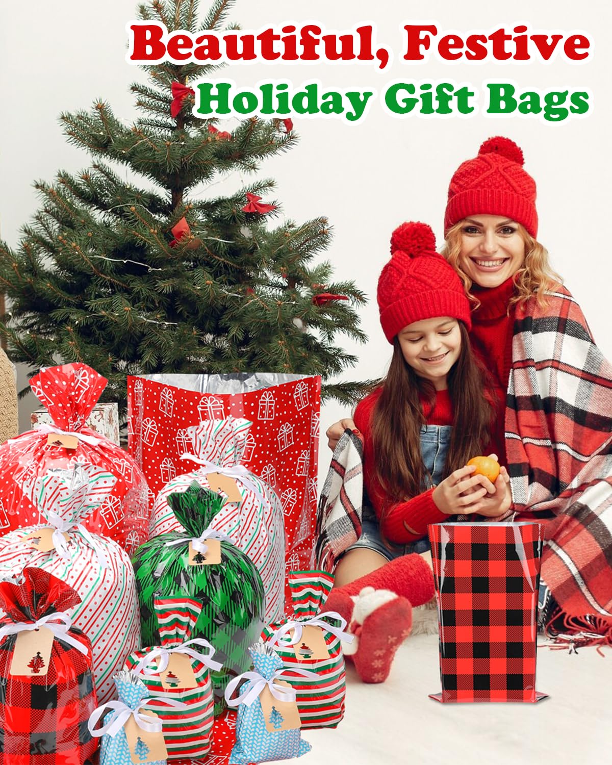 Christmas Gift Bags Assorted Sizes, 34PCS Christmas Bags For Gifts, Small/Medium/Large/Extra Large Christmas Gift Bags with Ribbon Ties, Holiday Xmas Santa Plastic Reusable Wrapping Gift Bag Bulk