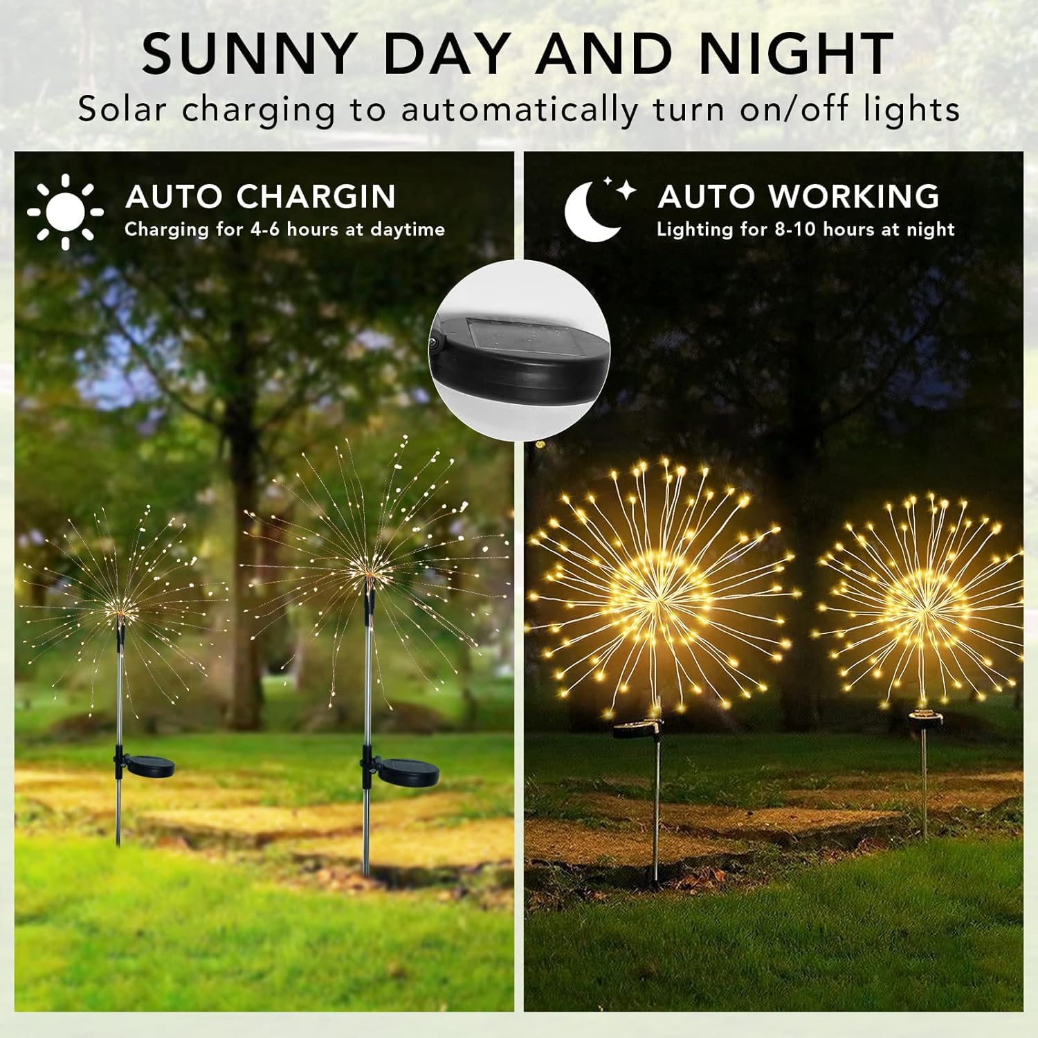 FOOING 4 Pcs Solar Garden Lights Solar Firework Lights, 480 LED Solar Powered String Light 2 Modes Twinkling Solar Lights for Garden, Wedding, Party, Patio(Warm White)