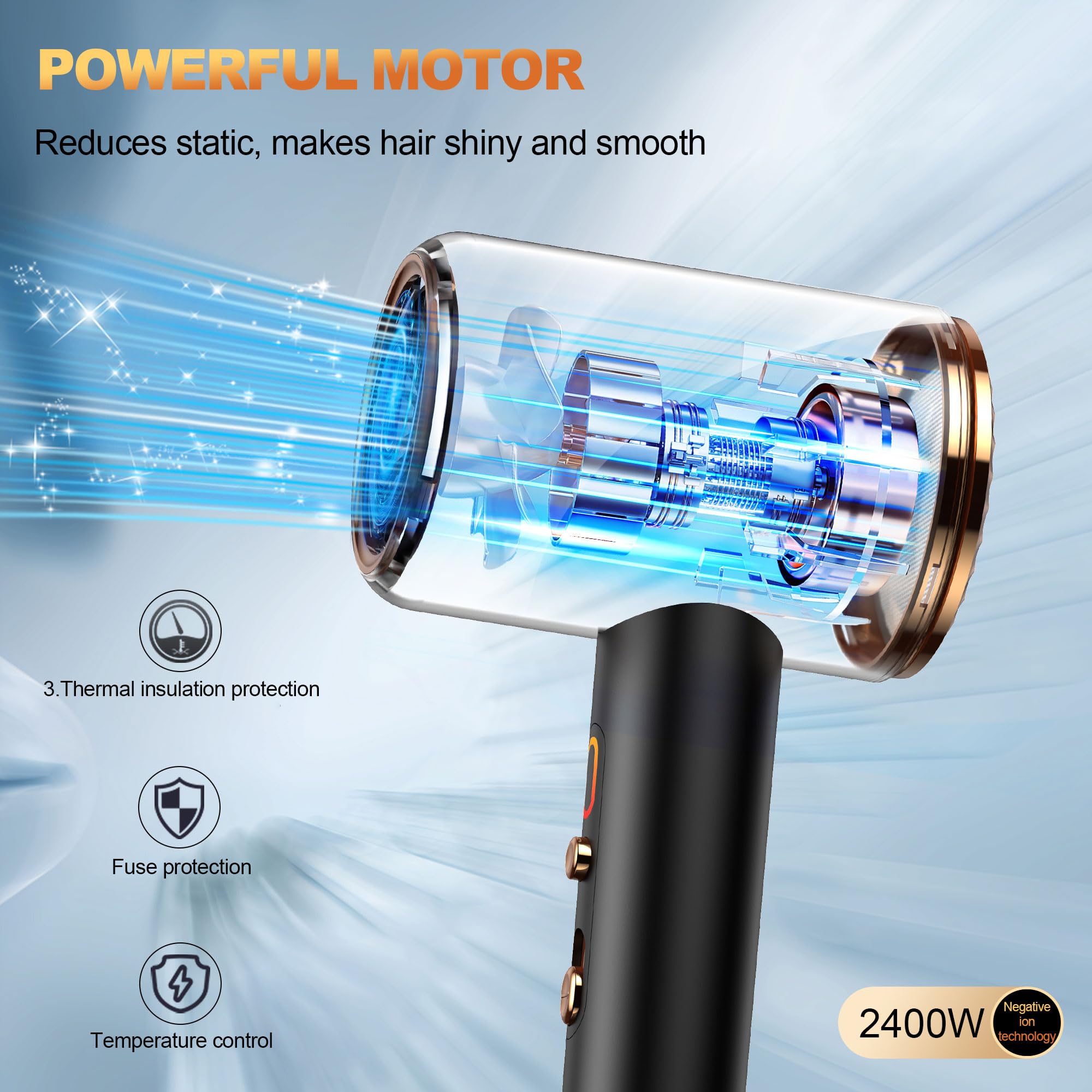Ionic Hair Dryer,Blow Dryer, with Diffuser & Concentrator Nozzle,Secadora de Pelo | 1875W Turbo Ultra-Quiet Motor | 2 Heat & 3 Speed Settings | Quick Heat-Up & Constant Temperature,Black