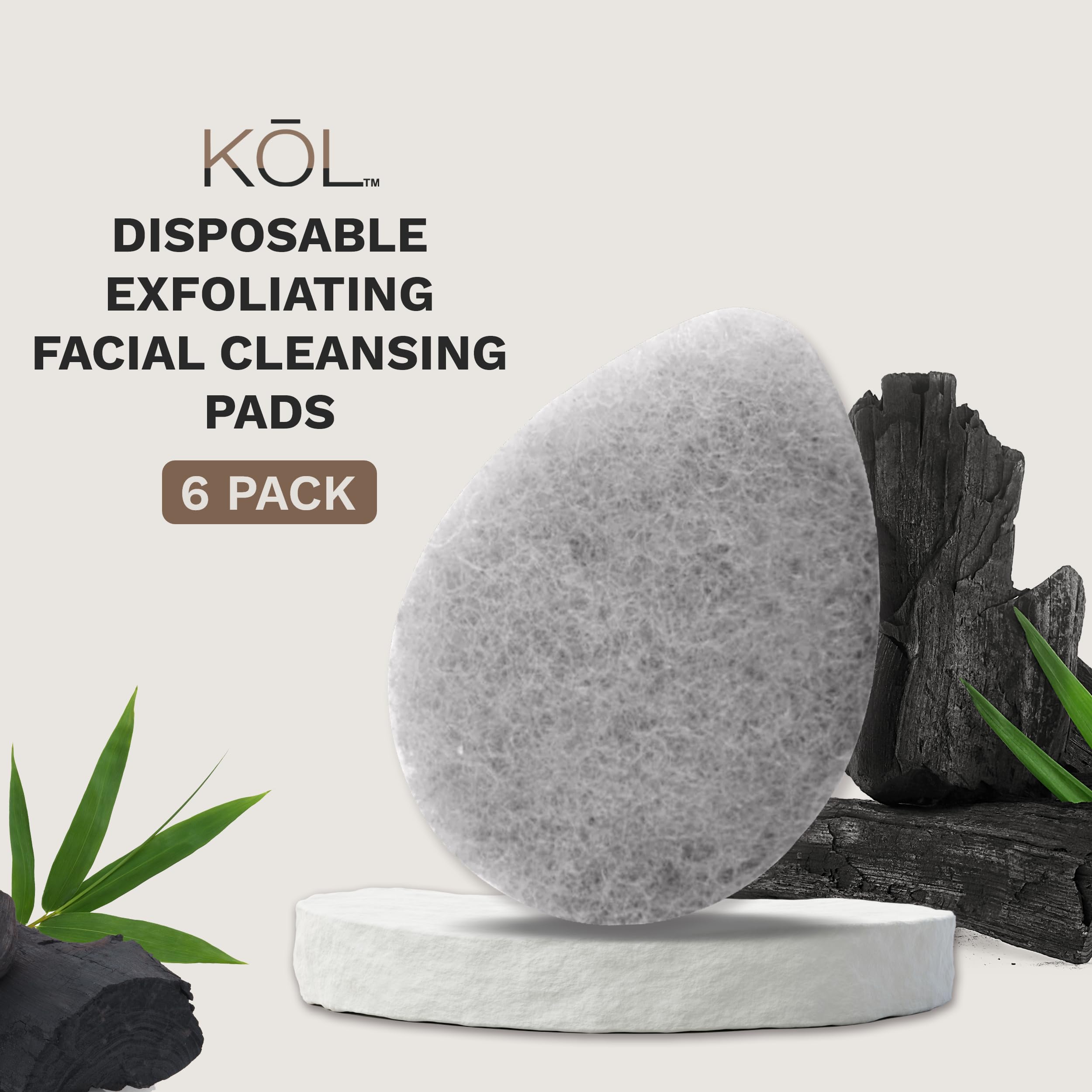 KOL Face Scrubber, Charcoal Infused Exfoliating Facial Cleansing Pads, Disposable Exfoliator Face Sponge for Daily Face Cleaning and Makeup Removal, 6 Count