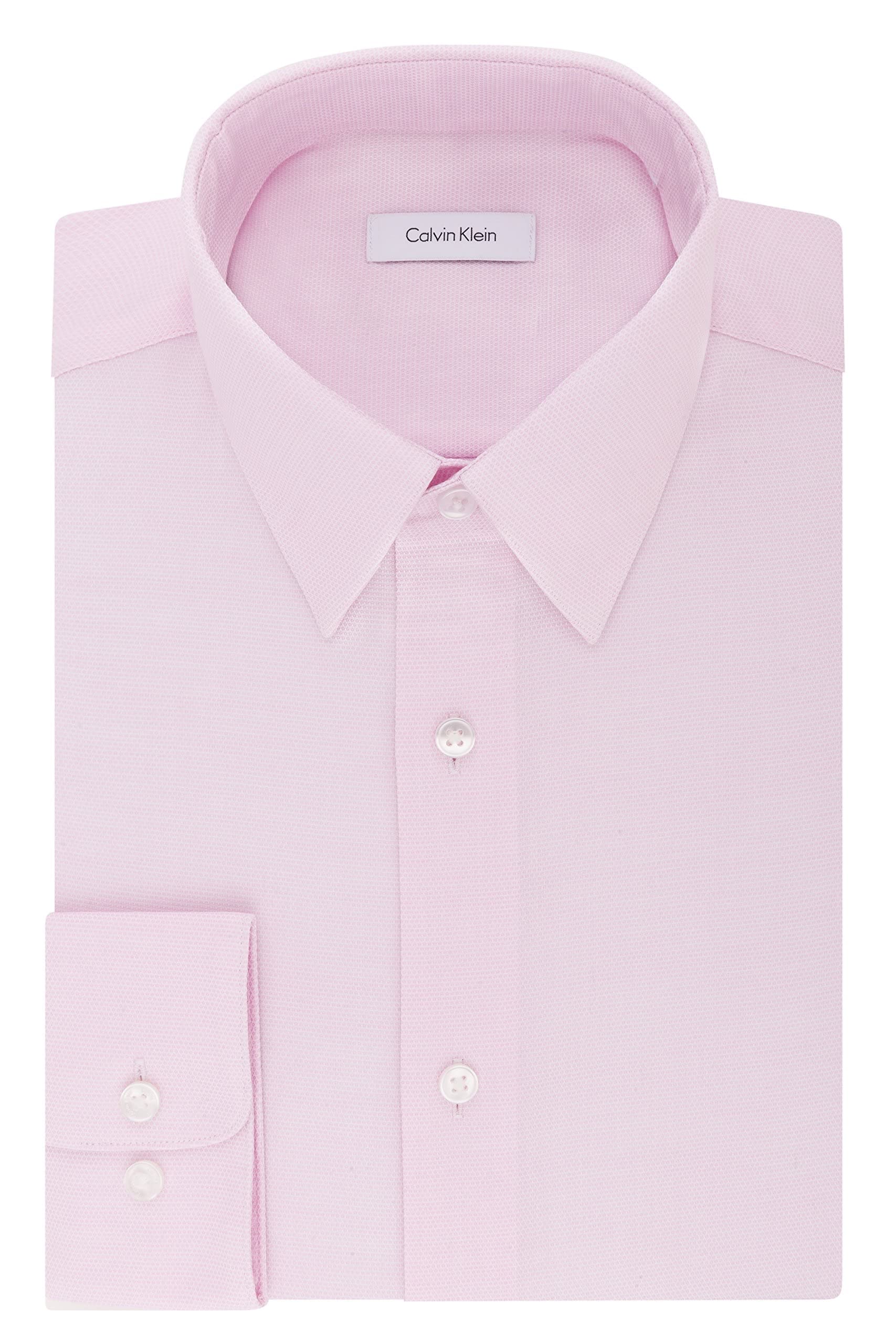 Calvin Klein Men's Dress Shirt Regular Fit Non Iron Stretch Solid, Pink, 17" Neck 34"-35" Sleeve