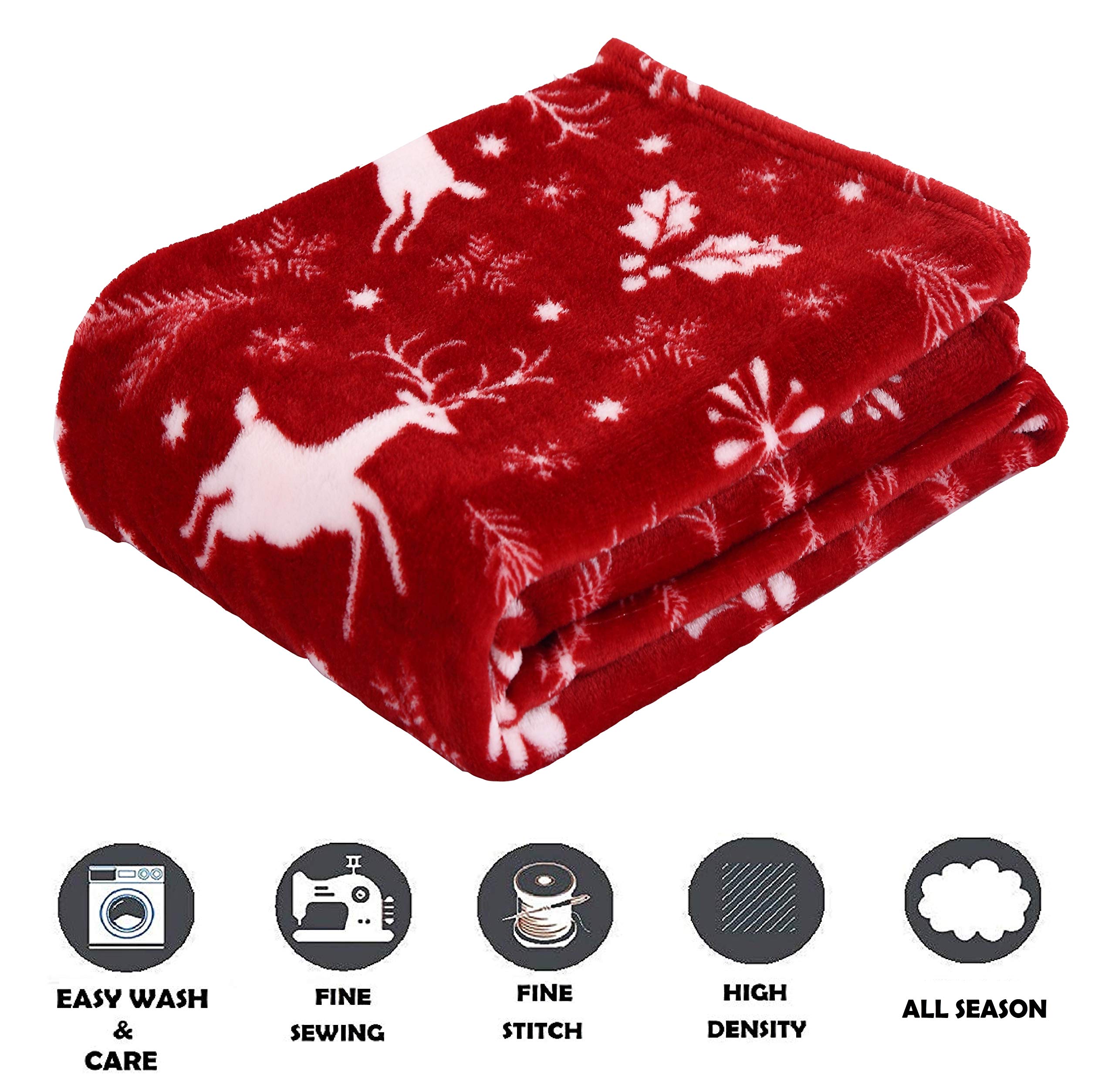 Elegant Comfort Luxury Velvet Super Soft Christmas Prints Fleece Blanket-Holiday Theme Home Décor Fuzzy Warm and Cozy Throws for Winter Bedding, Couch and Gift, 50 x 60 inch, Burgundy Reindeer