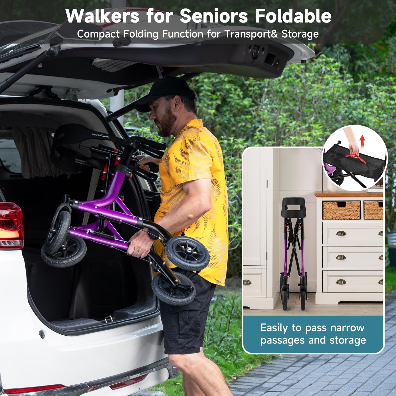 MAXWALK Walkers for Seniors, Rollator Walker with Seat, 8" Rubber Wheels All Terrain Rollator Walker with Backrest, Aluminum Walkers Built-in Cable, Foldable and Adjustable Height for Seniors, Purple
