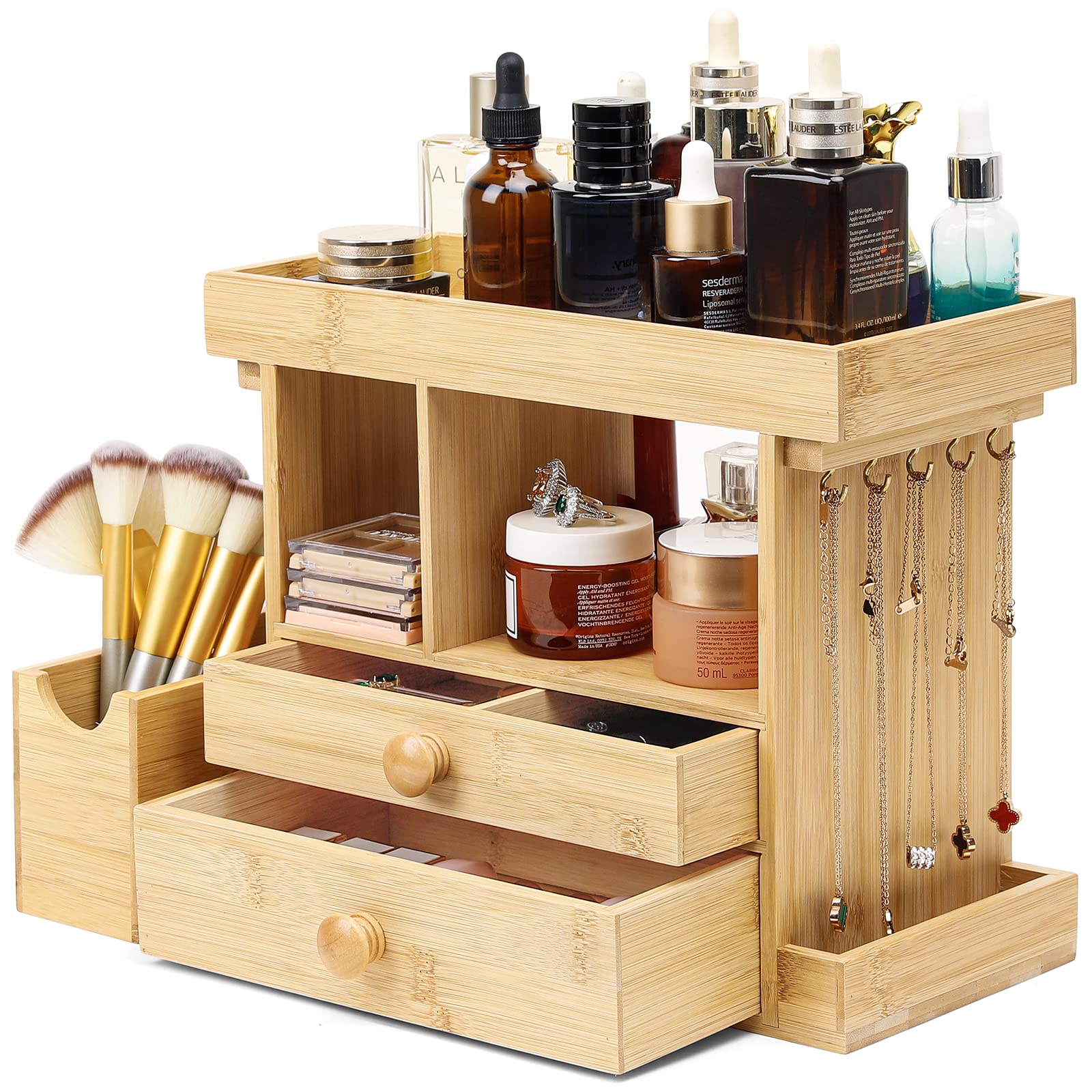 Homde Bamboo Makeup Organizer Cosmetic Jewelry Storage Organizer Multi-Function Make up Box Stand for Vanity, Desk, Bathroom, Bedroom with Hooks,Drawer,Silicone Lipstick Holder