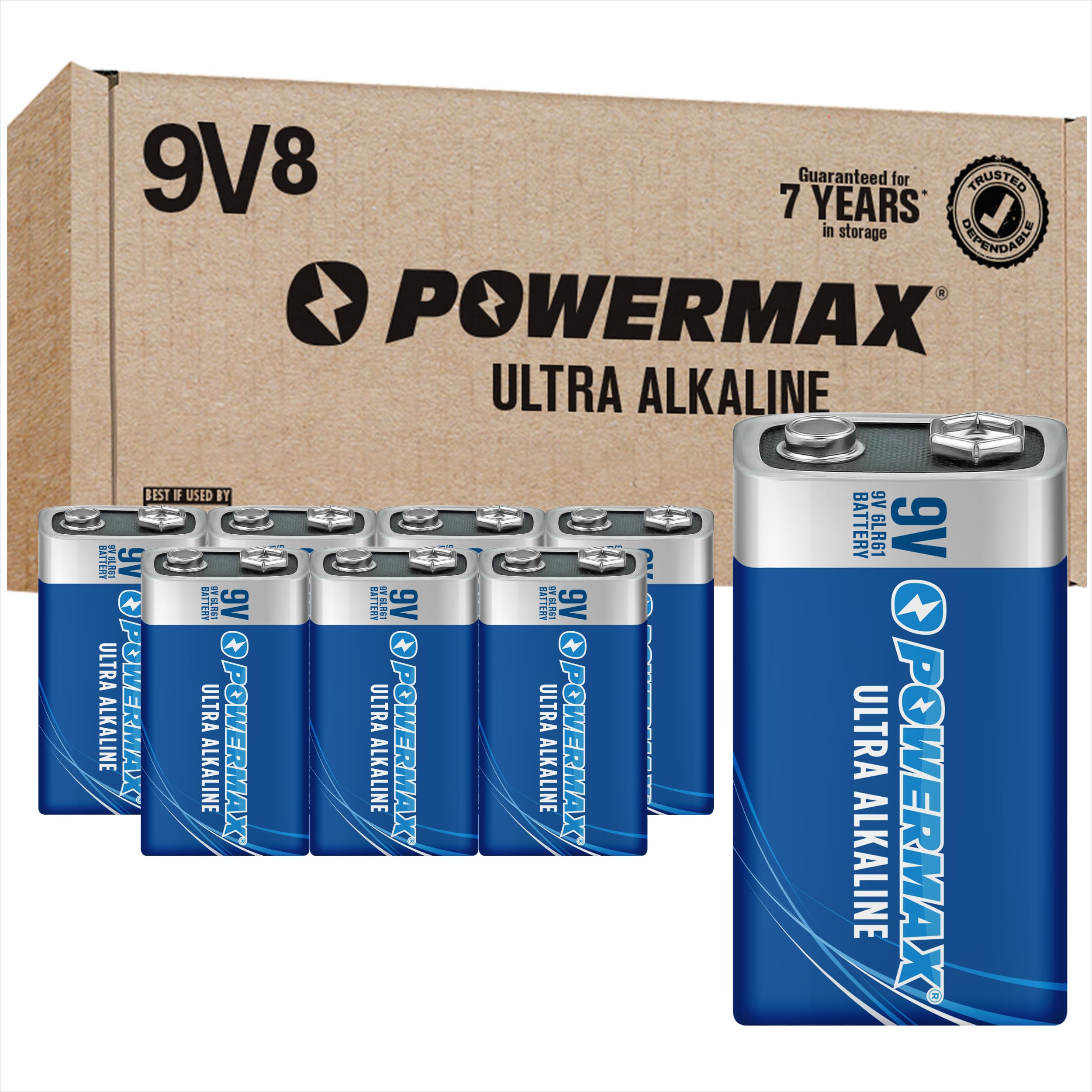 Powermax 8-Count 9V Batteries, Ultra Long Lasting Alkaline Battery, 7-Year Shelf Life, Reclosable Packaging