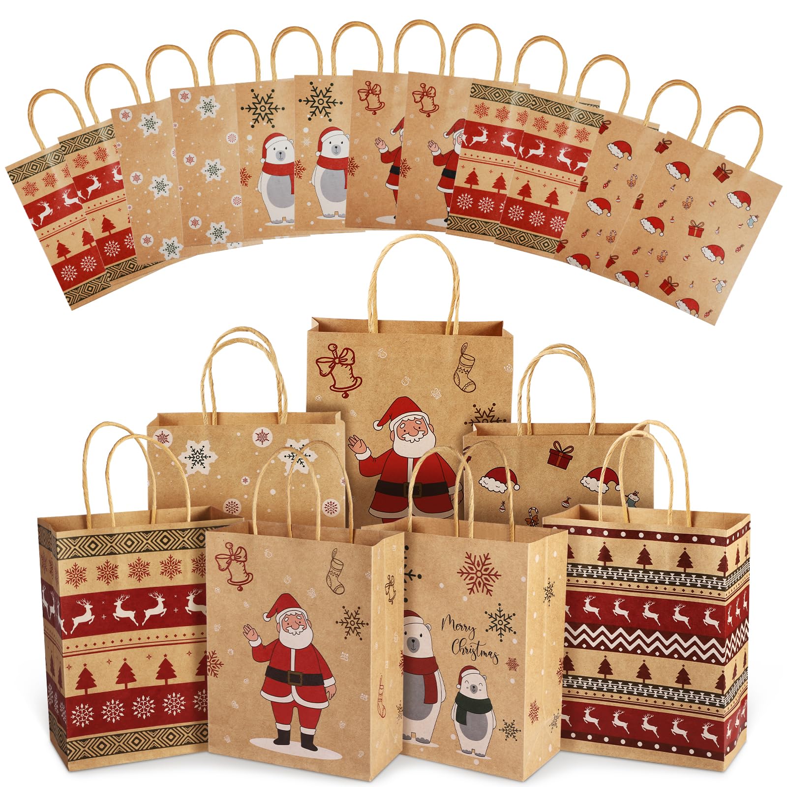 Christmas Gift Bags, 24 PCS Reusable Christmas Treat Bags, Paper Gift Bags with Handles & Christmas Prints, Christmas Bags for Gifts Holiday Gift Bags Xmas Gift Bags Party Favors, 7.08x3.5x8.85 Inch