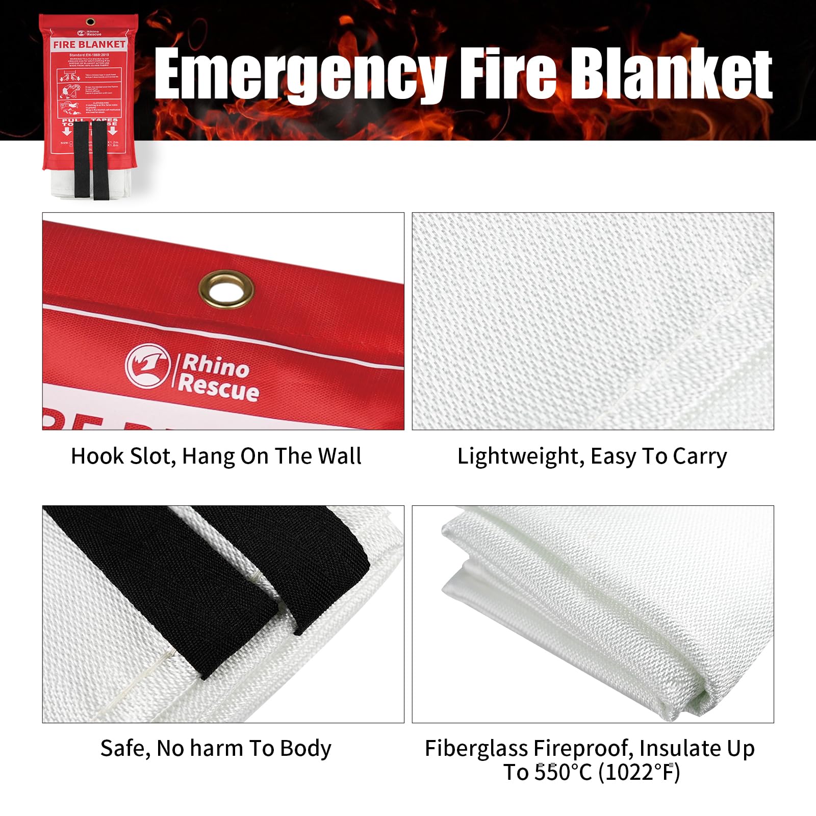 RHINO RESCUE Fire Blanket, 40''×40'' Fiberglass Emergency Fireproof Gear, Flame Retardant Protection for Home, Kitchen, Camping, Hiking, 4 Count