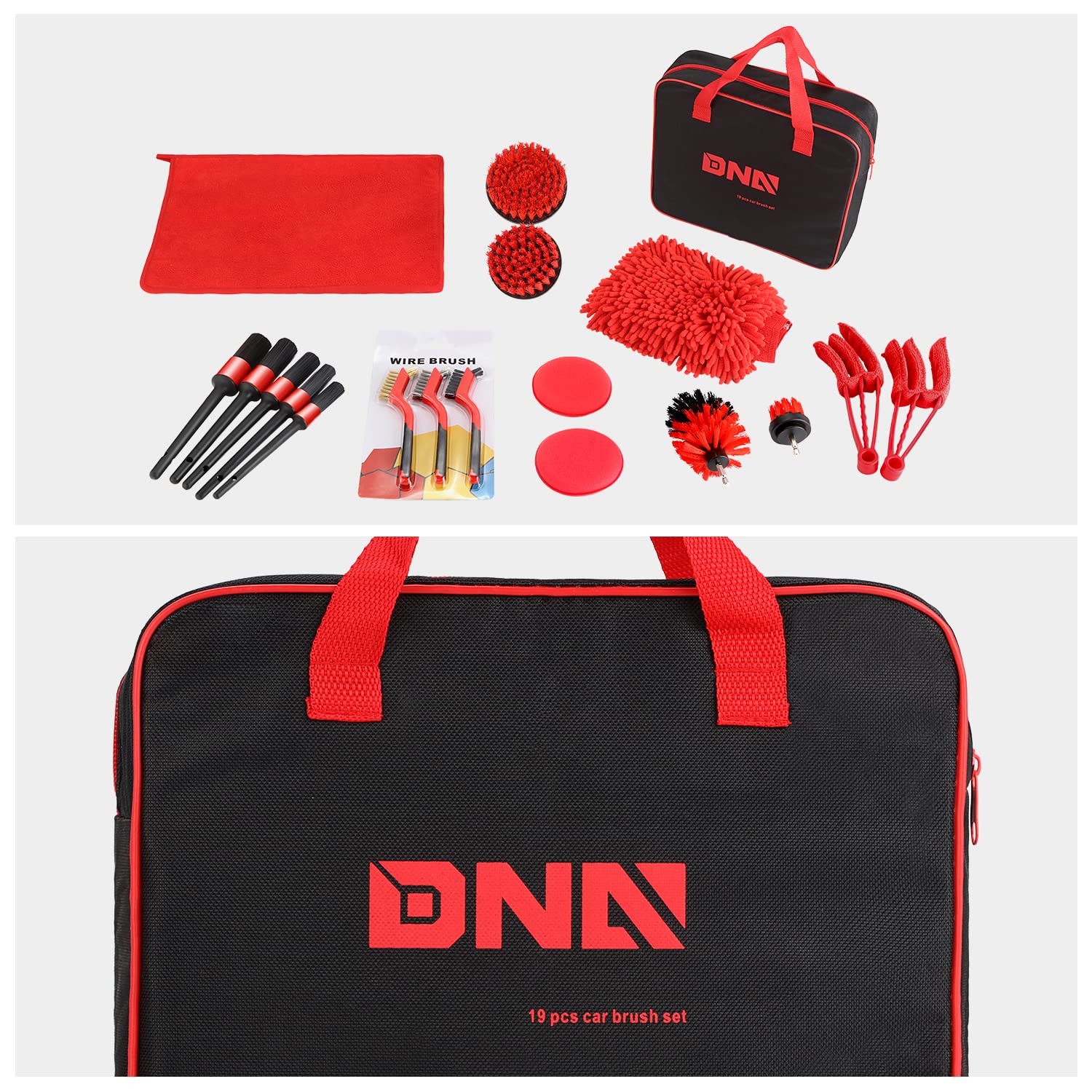DNA MOTORING Car Detailing Brush Cleaning Tools Set with Carry Bag for Auto Interior & Exterior Wheel Dashboard Vent, Red,TOOLS-00278