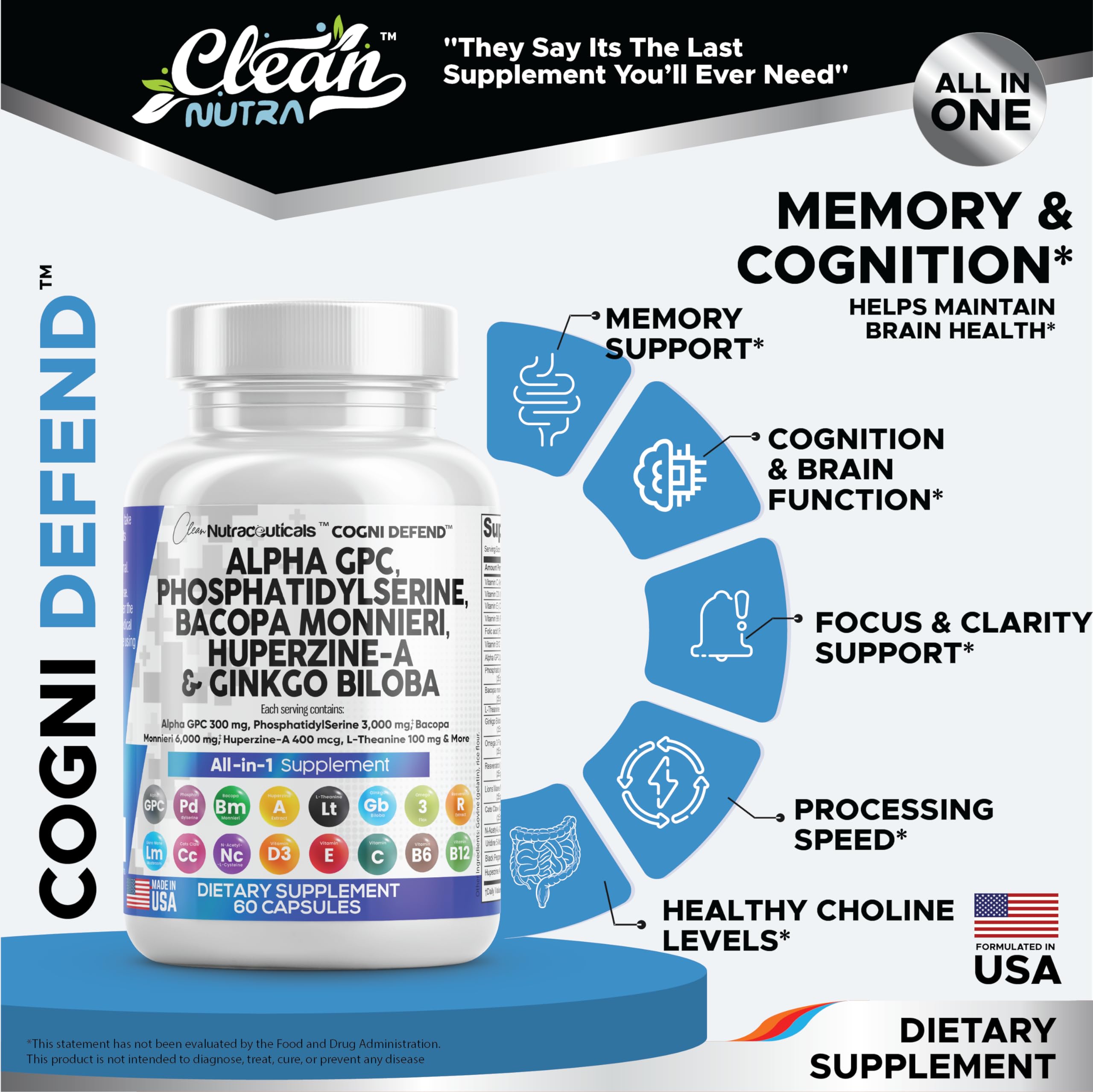 Clean Nutraceuticals Alpha GPC Choline Phosphatidylserine Bacopa Monnieri Ginkgo Biloba Huperzine A Supplement with Urdine Lions Mane Cats Claw NAC Vitamin C B D E