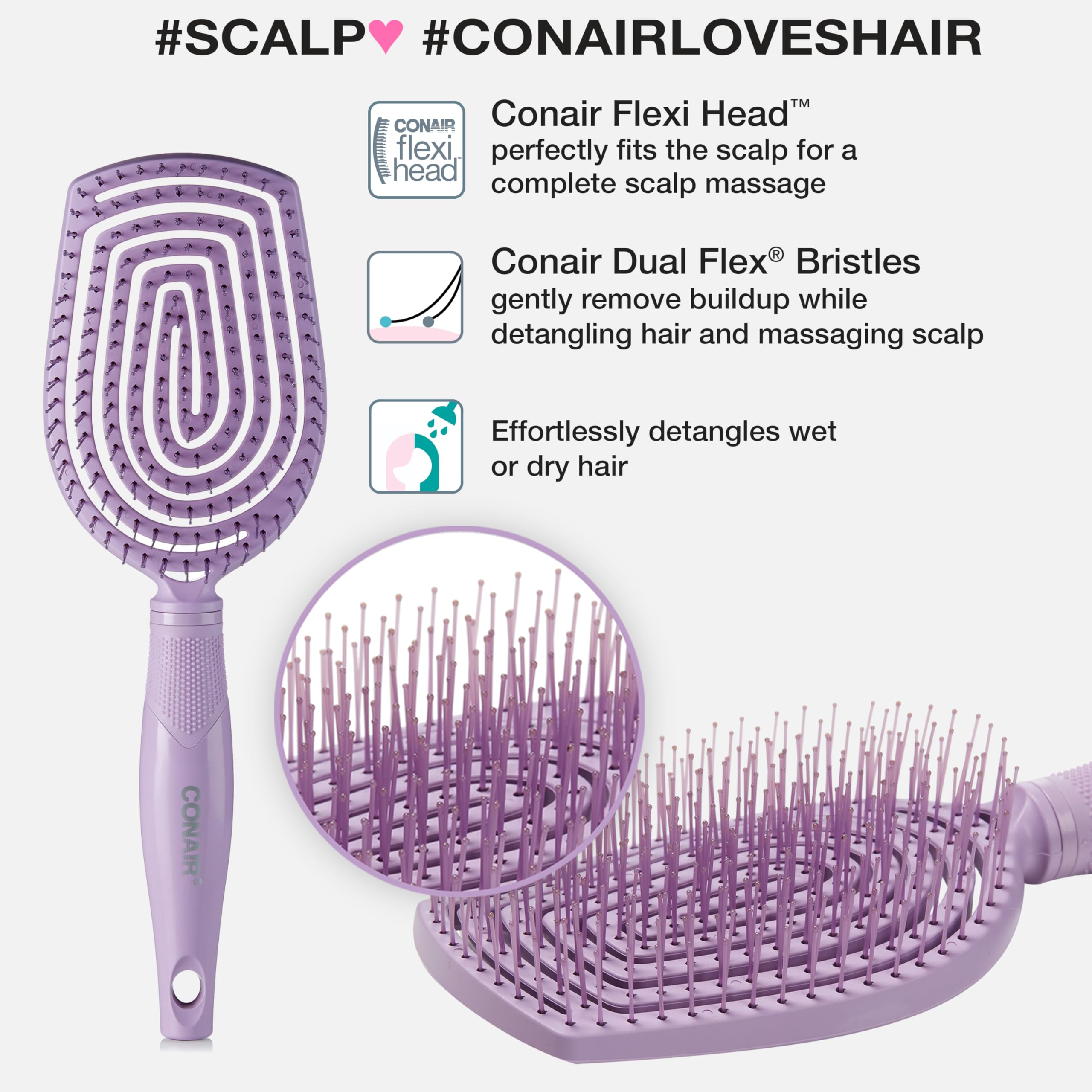 Conair Scalp Care Detangling Hairbrush - Hair Brush - Curly Hair Brush - Detangling Hair Brush - Scalp Massager - Flexi Head Paddle Hairbrush