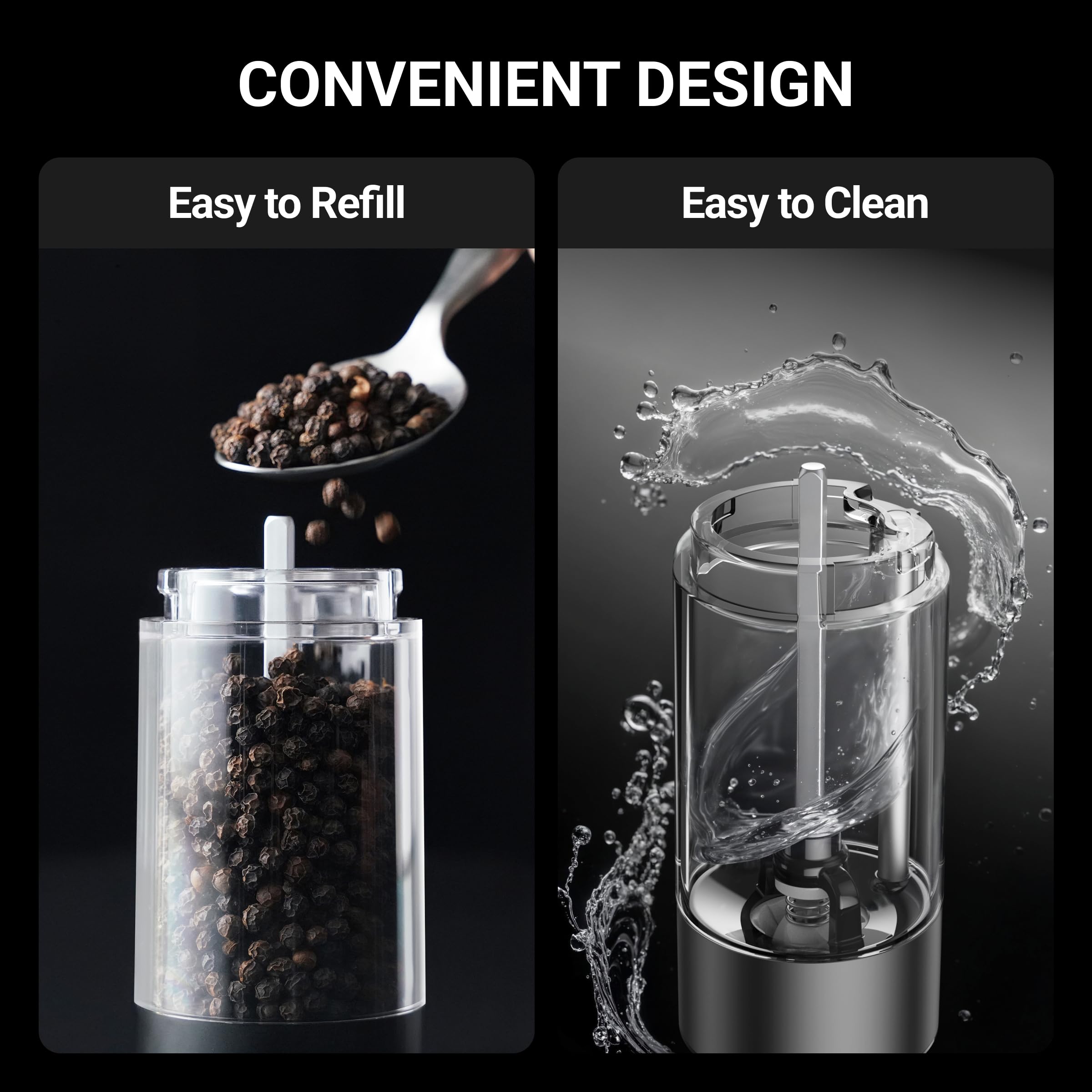 ThermoMaven Electric Salt and Pepper Grinder Set, 110ml Larger Rechargeable Automatic Salt and Pepper Mill Grinder with 6 Adjustable Coarseness, Electric Salt and Pepper Shakers, LED, 2 Packs, Black