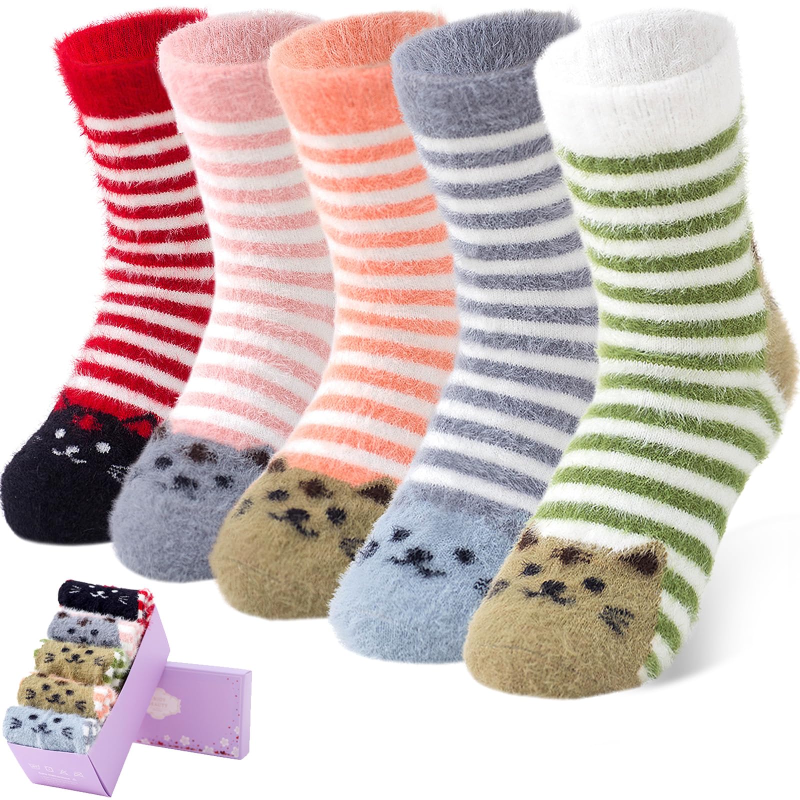 SISOSOCK Women Fuzzy Socks Cozy Warm Comfy Casual Fluffy Socks for Women Funny Cat Socks Gifts for Women or Girls