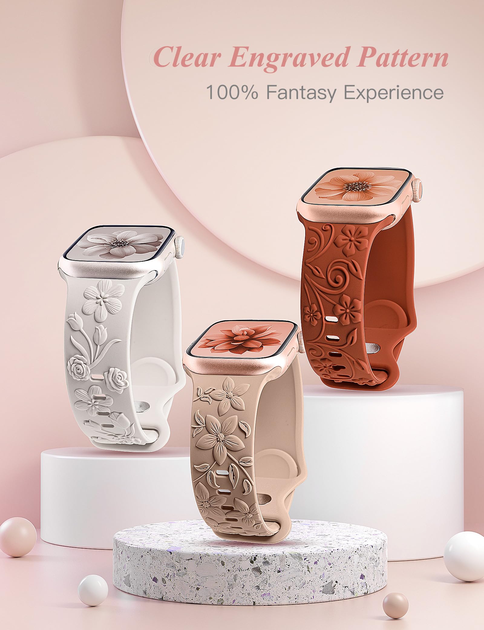 TOYOUTHS 3 Pack 3D Floral Engraved Bands Compatible with Apple Watch Bands 42mm 41mm 40mm 38mm Women, Soft Silicone Embossed Cute Flower Dressy Fancy Straps for iWatch Series 10/9/SE/8/7/6/5/4/3/2/1