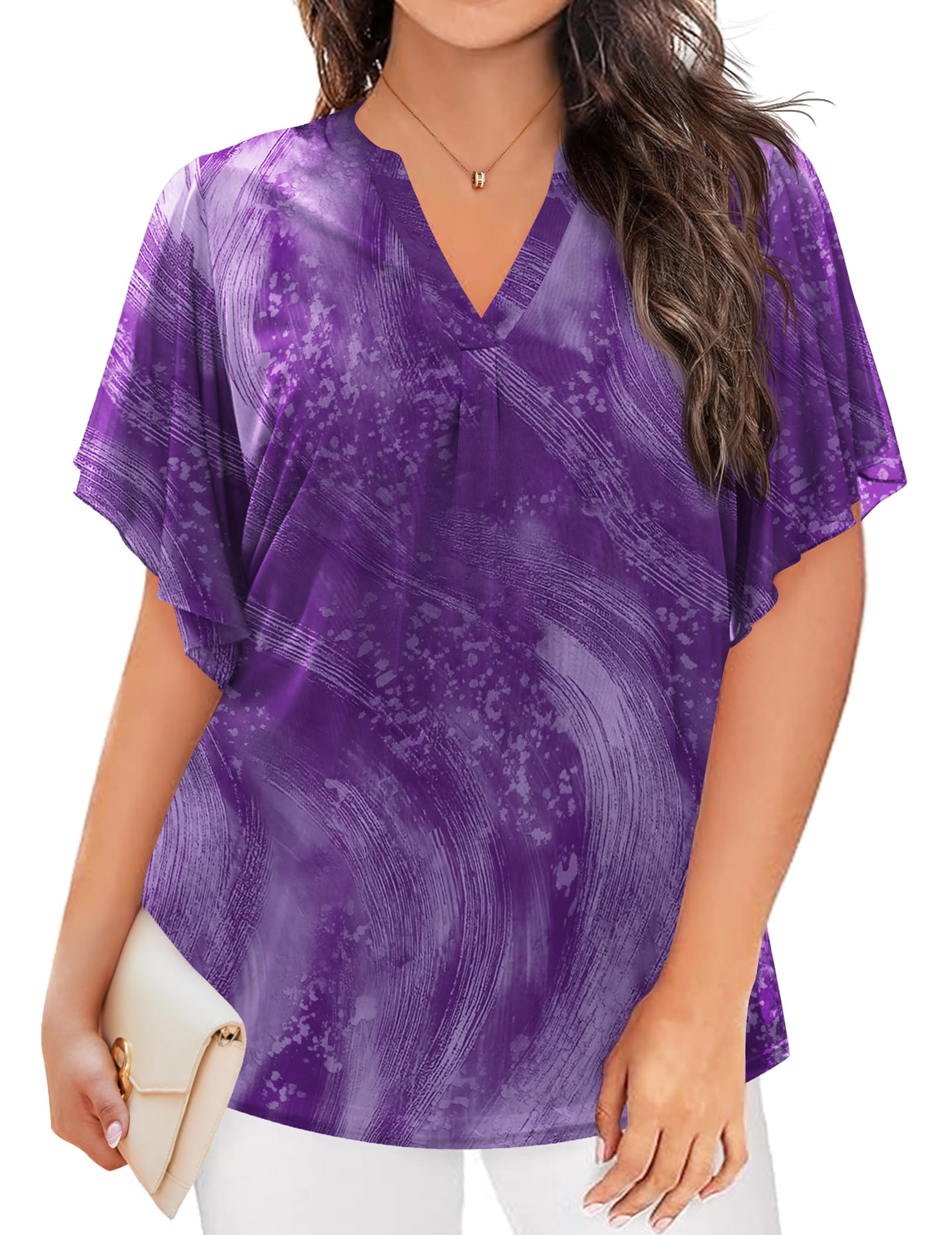 IN'VOLAND Plus Size Short Sleeve Tops for Women Ruffle V Neck Mesh Blouses Flowy Shirt Floral Double Layers Tunics Purple 20W