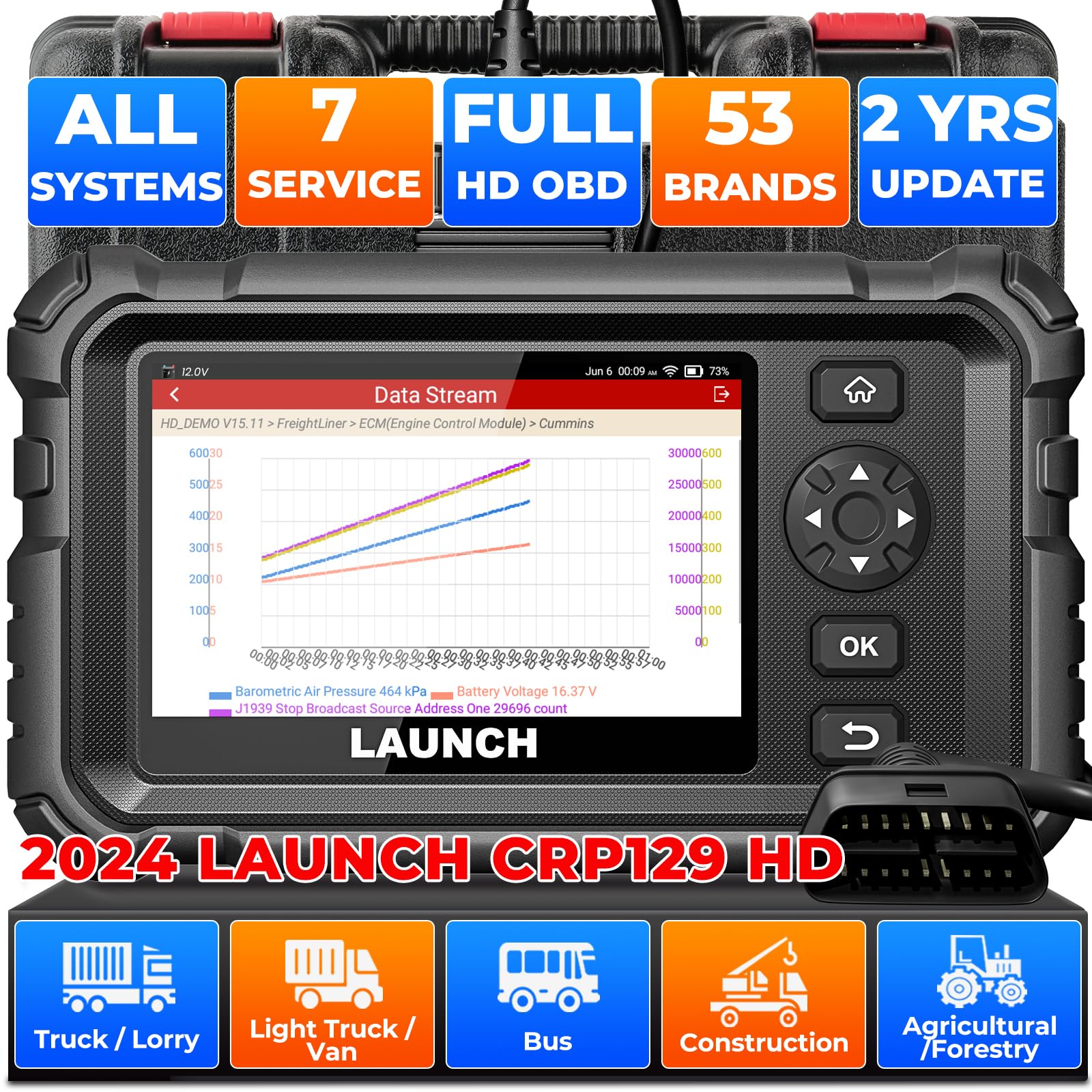 LAUNCH CRP129 HD Heavy Duty Truck Scanner, 2024 Full System Diesel Diagnostic Scan Tool Code Reader, 7 Resets with Oil Reset DPF Regen for Cummins, Detroit, Caterpillar, Paccar & More, 2 Years Update