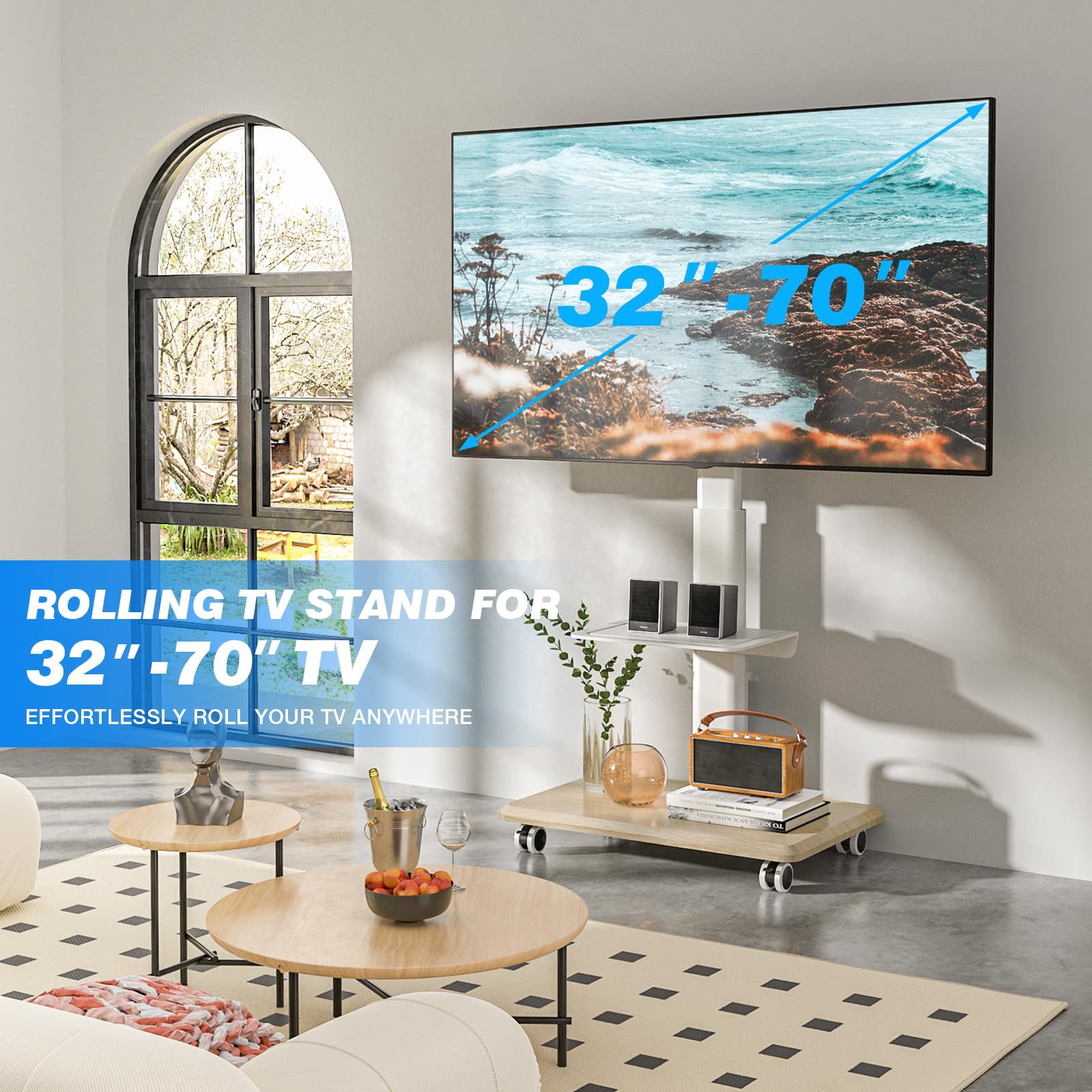 Rfiver Sleek Rolling TV Stand with Power Outlet for Home Decor, Height Adjustable Portable TV Stand on Wheels for 32-70 Inch TVs, Strong Tall Mobile TV Cart with Mount Up to 88 lbs, White