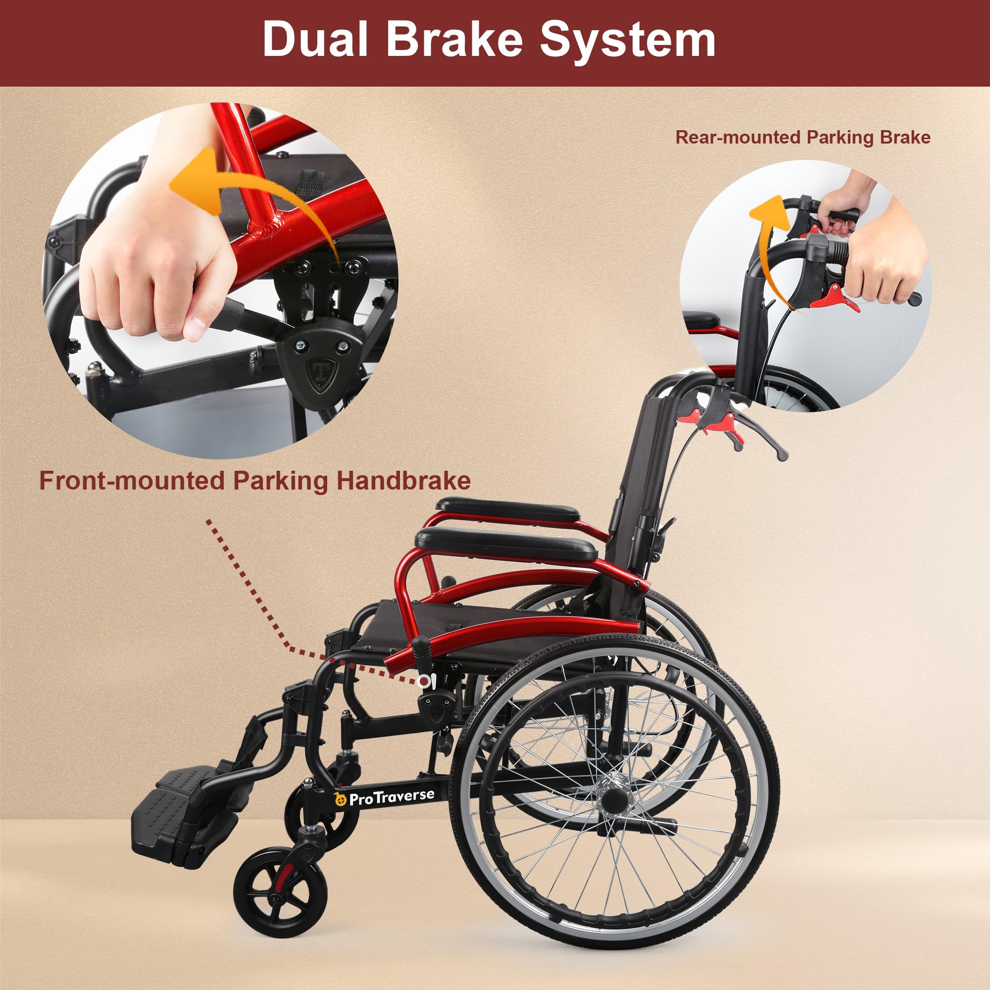 ProTraverse Wheelchairs for Adults,self-propelled Transport Chair,Foldable and Portable Travel Wheelchair with Swing-Away Footrests,Lightweight Transfer Wheelchairs for Adults adnd Seniors（Red）