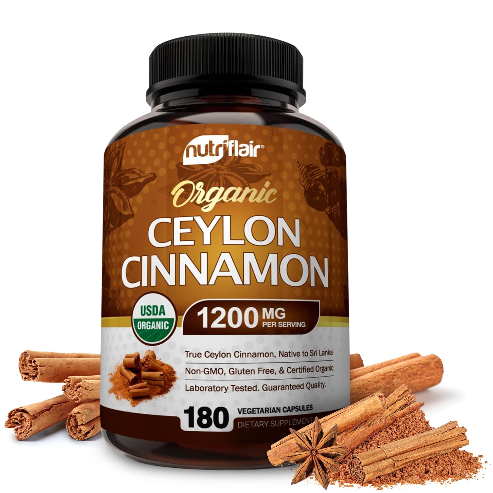 NutriFlair Organic Ceylon Cinnamon (100% Certified Organic Ceylon Cinnamon) 1200mg per Serving, 180 Capsules - Joints, Inflammatory, Antioxidant