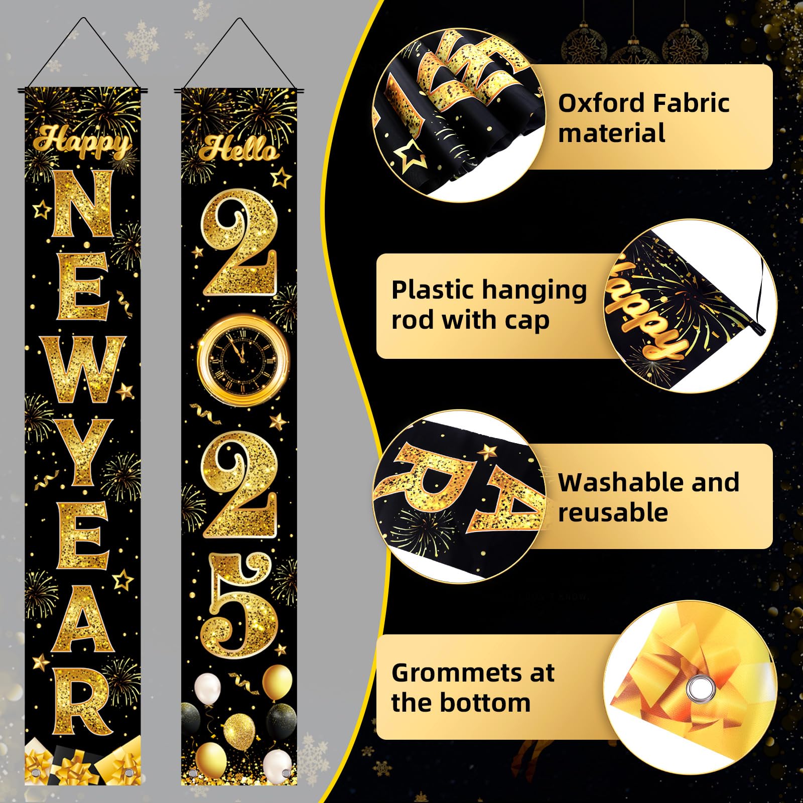 Happy New Year Door Banner, 2PCs New Year Front Door Banner 2025 Black Gold New Year Front Porch Hang Door Banners Sign Set New Years Eve Party Supplies Happy New Year Decorations, 71x12 Inch