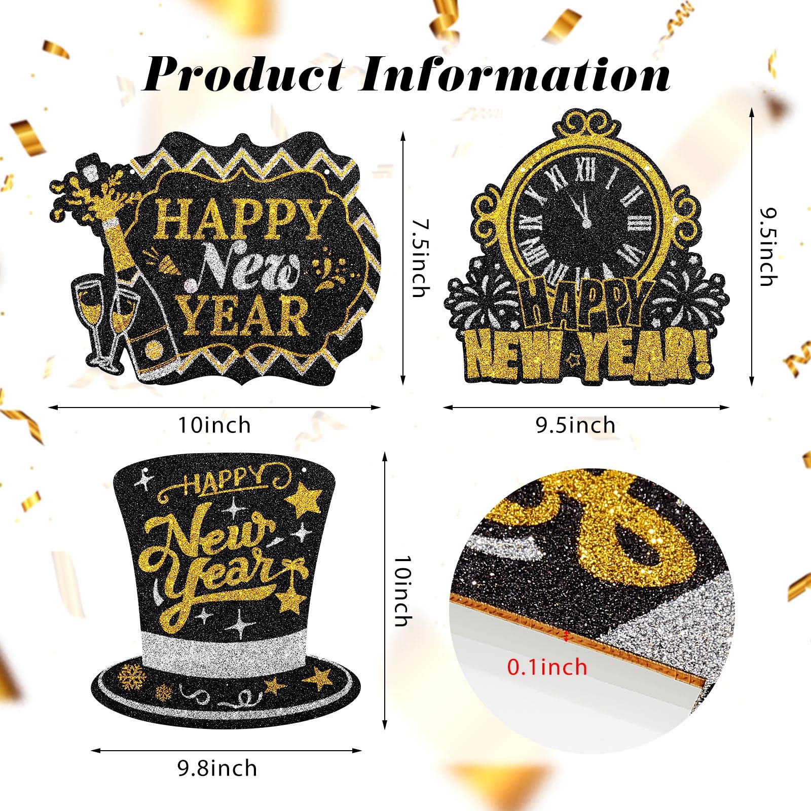 Jetec 3 Pieces Glitter Happy New Year Sign 2025 Wooden New Year Hanging Sign Black Gold New Year Party Decorations New Years Eve Party Supplies with 6 Pieces Black Ribbon for New Year(Vivid Style)