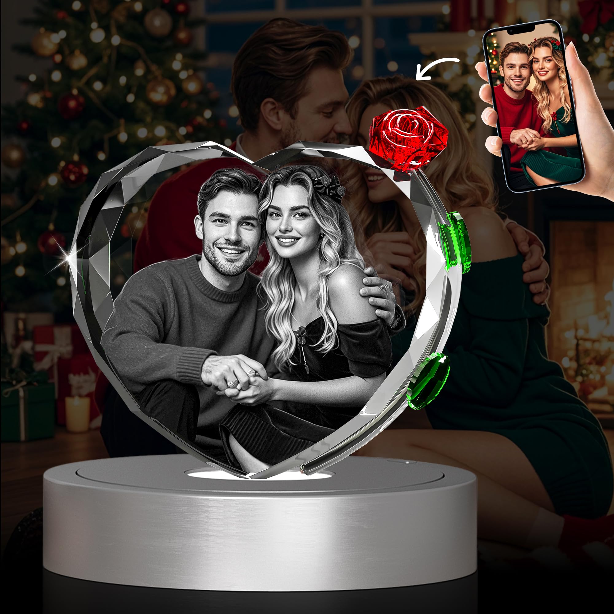 3D Crystal Photo with Red Crystal Rose, Personalized Christmas Gifts for Women, Her, Him, Wife, Girlfriend, Mom, Couple, Customized Crystal Photo, Xmas Anniversary Birthday Valentines Gifts Heart