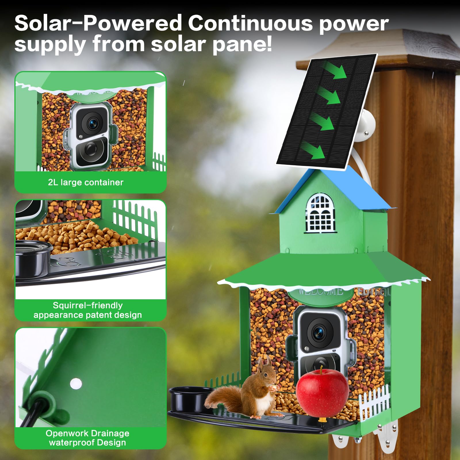 Squirrel Feeder with Camera Solar Powered,Metal Smart Squirrel Feeder Camera with Corn Cob Holder,Squirrel Houses for Outside,2K HD Live View,Ideal for Squirrel Lover