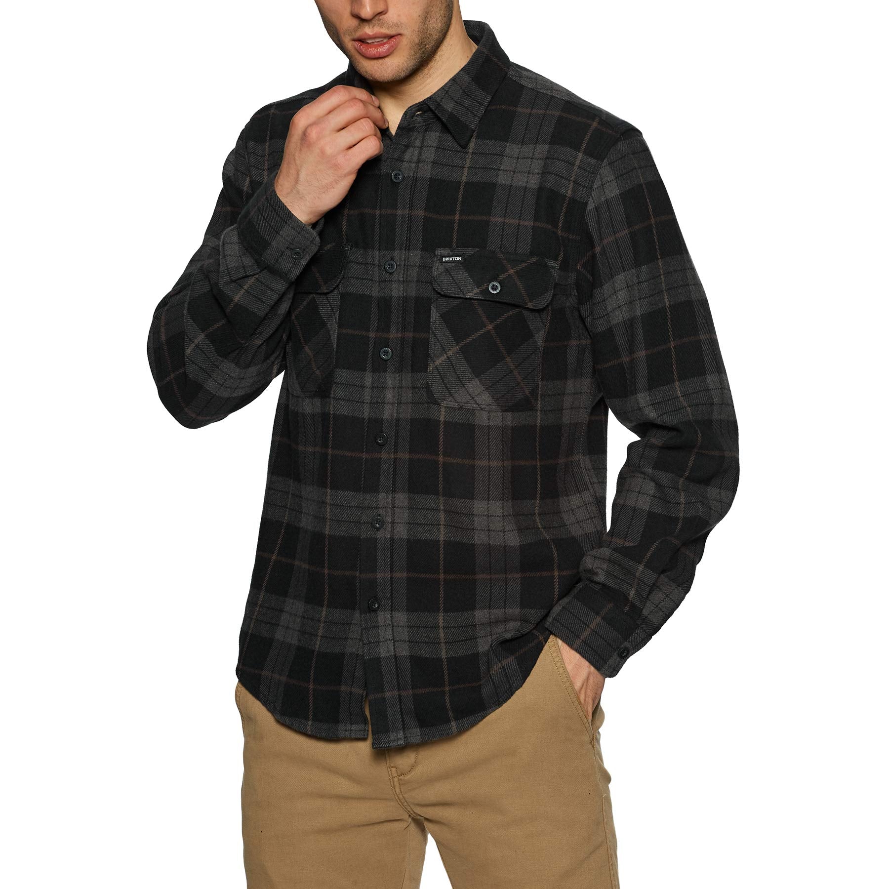 Brixton mens Bowery L/S Flannel Button Down Shirt, Black/Charcoal, XX-Large US