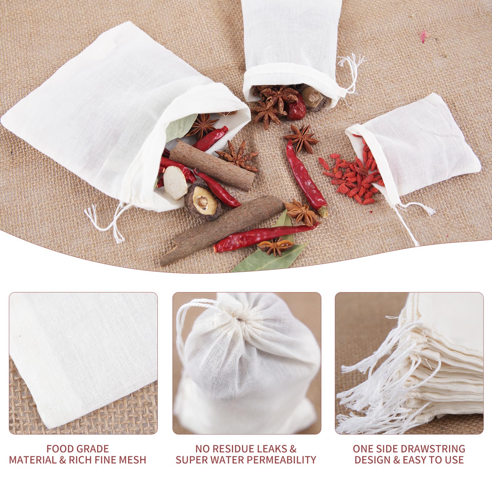 YICHEN 50pcs Muslin Bags with Drawstring,White Spice Bags, Safe and Natural Cotton Material Tea Filter Bags,Cheesecloth Bags for Coffee,Tea,Soup etc.8 x 6 inch.