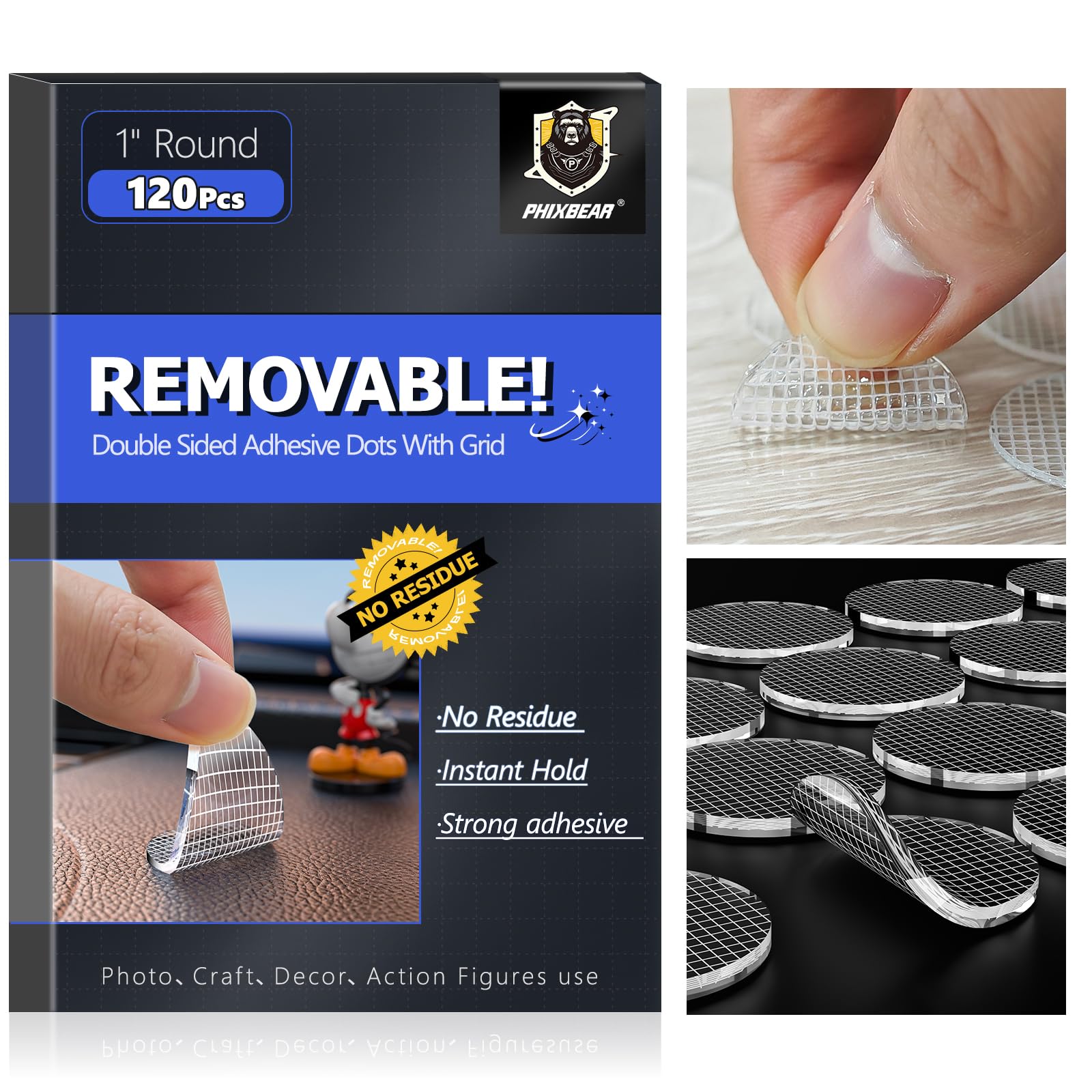 PHIXBEAR Removable Poster Mounting Putty with Grid No Residue, Strong Double Sided Tape Glue Adhesive Dots Clear Museum Sticky Tack, Fixed Car Decor Art Craft Picture, 1" Diameter Round (120Pcs)