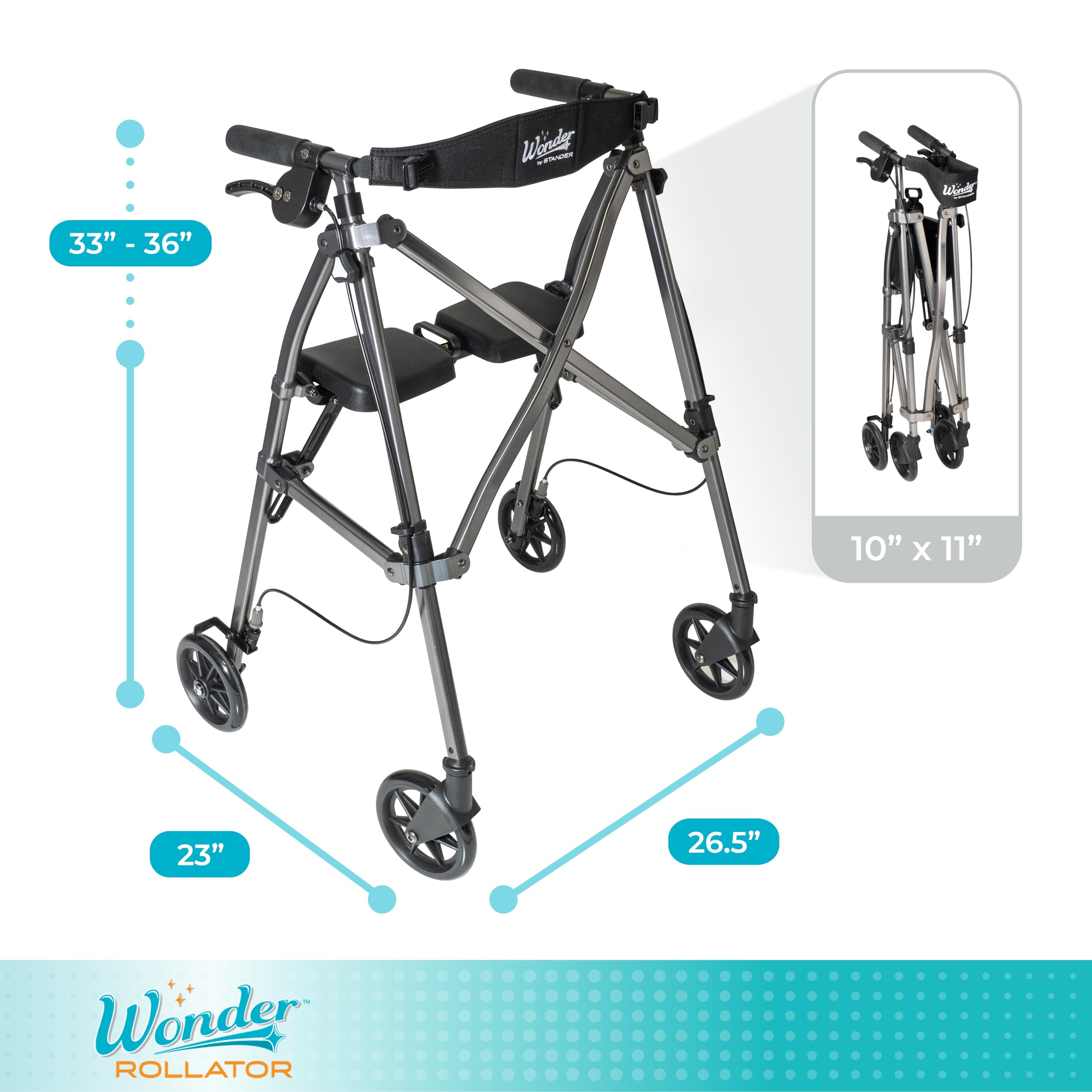 Stander Space Saver Rollator, Lightweight Folding Rolling Walker with Seat for Seniors & Adults, 4-Wheel Mobility Aid with 6-inch Wheels, Locking Brakes & Padded Seat with Backrest, Black Walnut