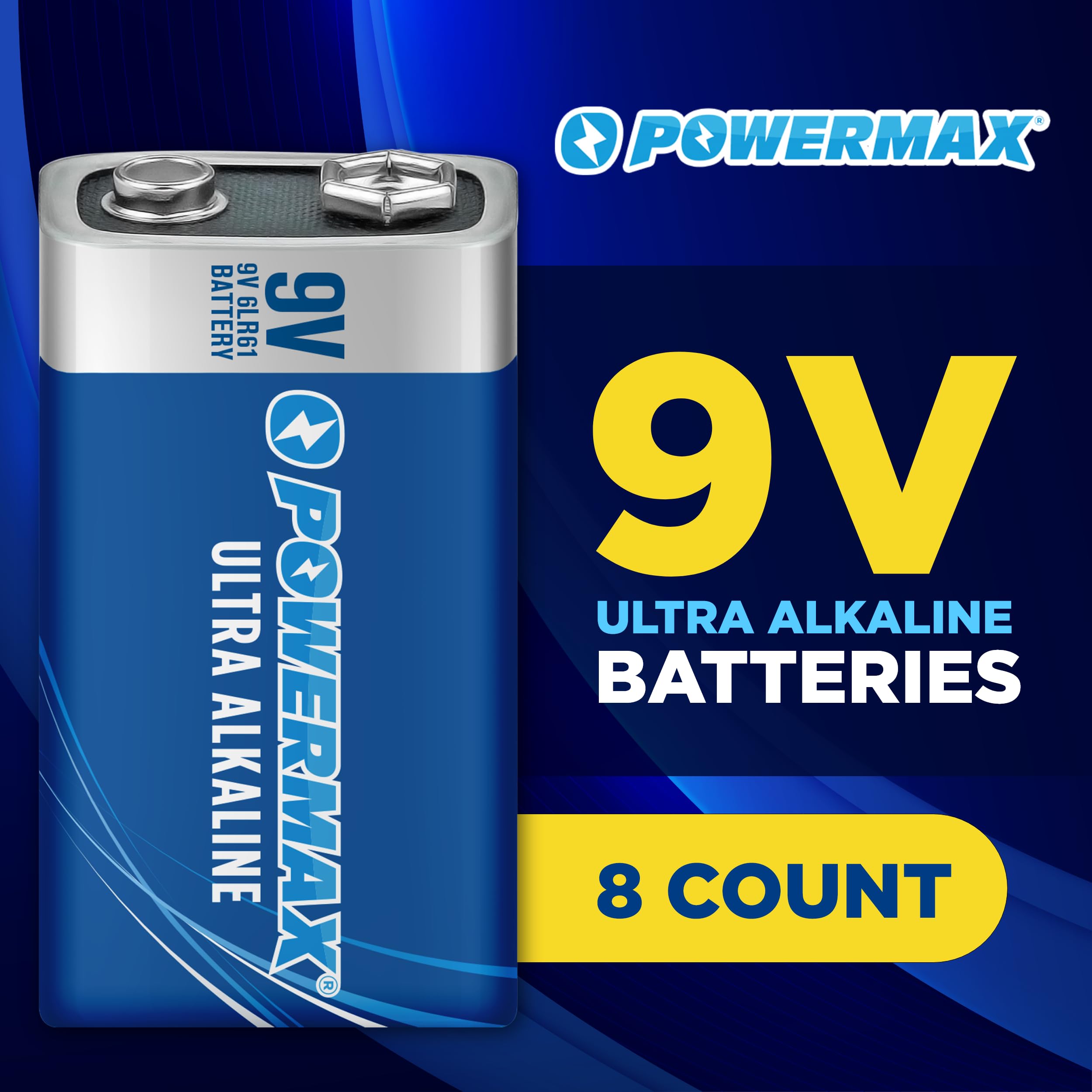 Powermax 8-Count 9V Batteries, Ultra Long Lasting Alkaline Battery, 7-Year Shelf Life, Reclosable Packaging