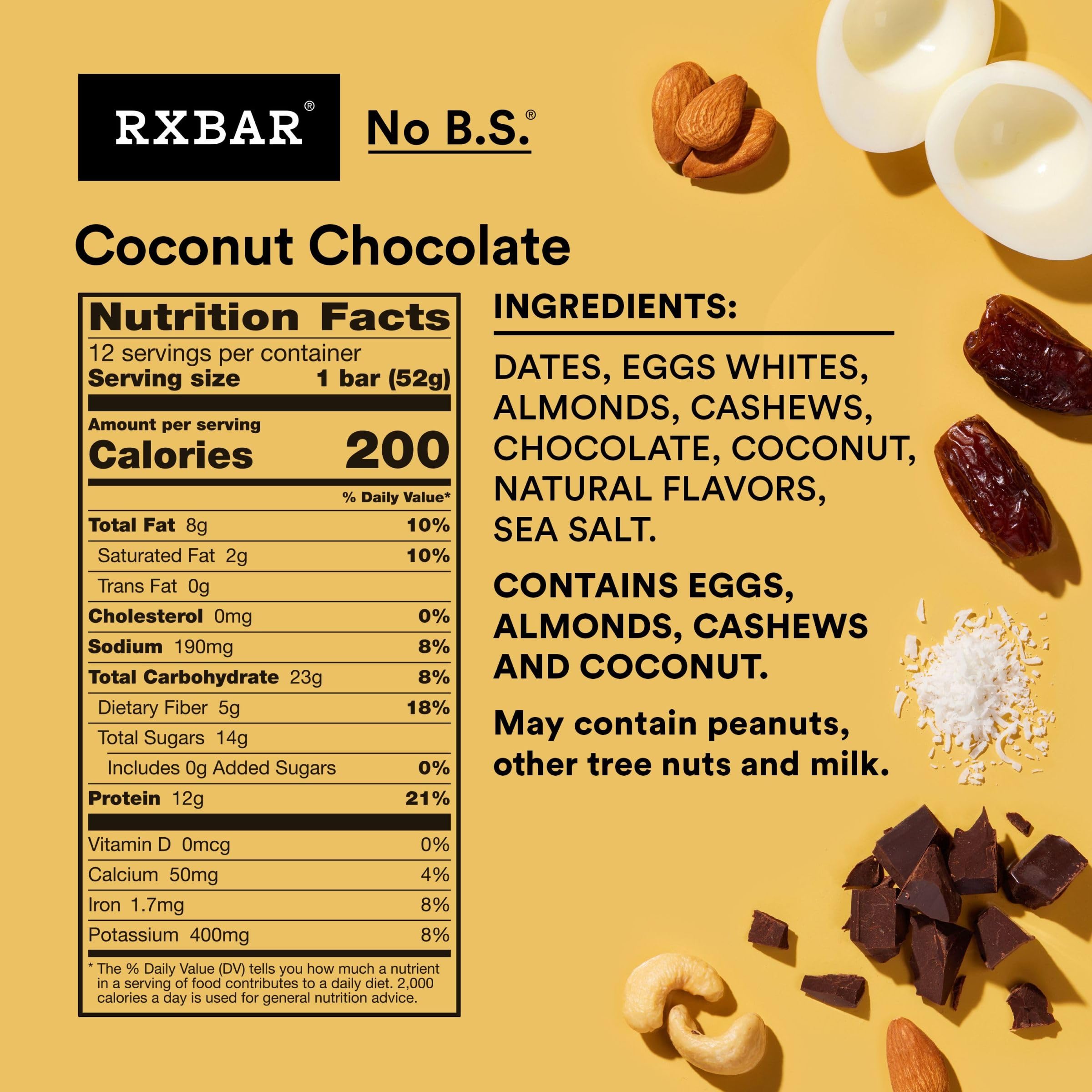 RXBAR Protein Bars, Protein Snack, Snack Bars, Coconut Chocolate, 22oz Box (12 Bars)