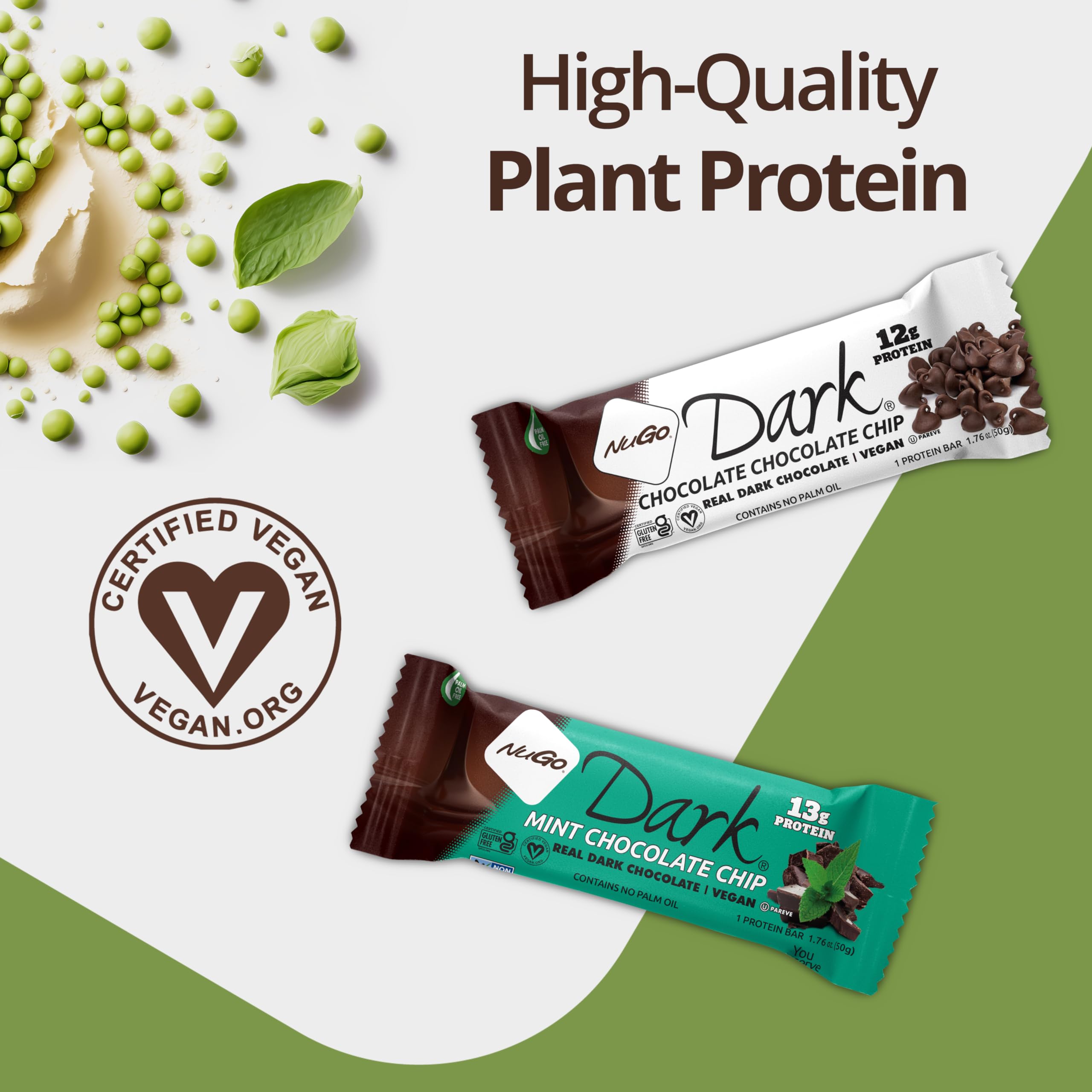 NuGo Dark Chocolate Chocolate Chip, 12g Vegan Protein, 200 Calorie, Gluten Free, 24 Count