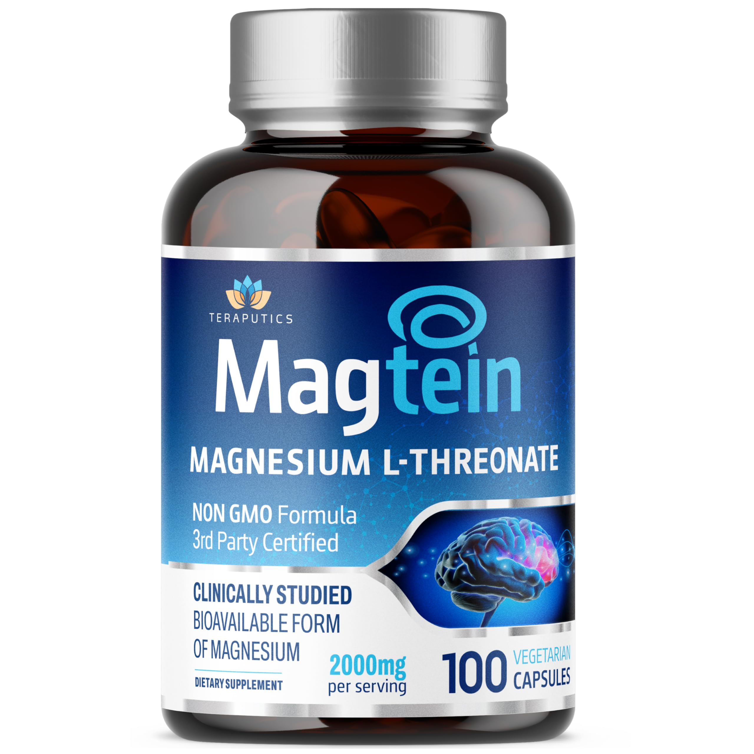 Magnesium L Threonate (Original Magtein Formula) - 2000 mg 100 Vegan Capsules Non-GMO Highly Absorptive Pure Supplement A Vitamin for Cognition Pills are Without Laxative Properties