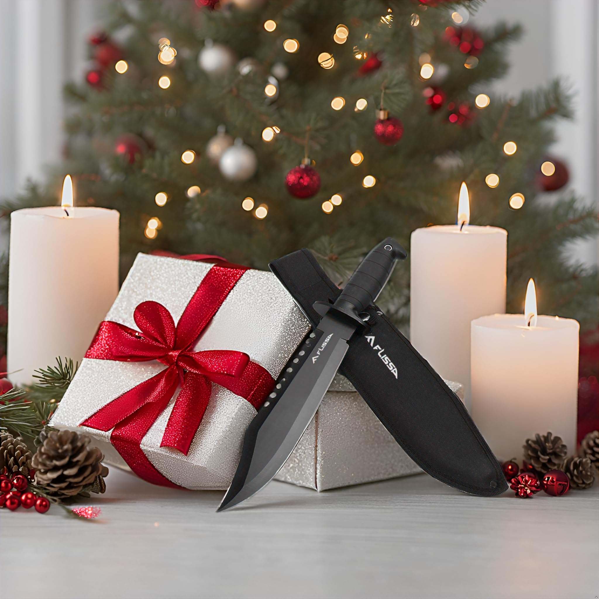 FLISSA Survival Hunting Knife with Sheath, 15-inch Full Tang Fixed Blade Tactical Bowie Knife with Sharpener & Fire Starter for Camping, Outdoor, Bushcraft