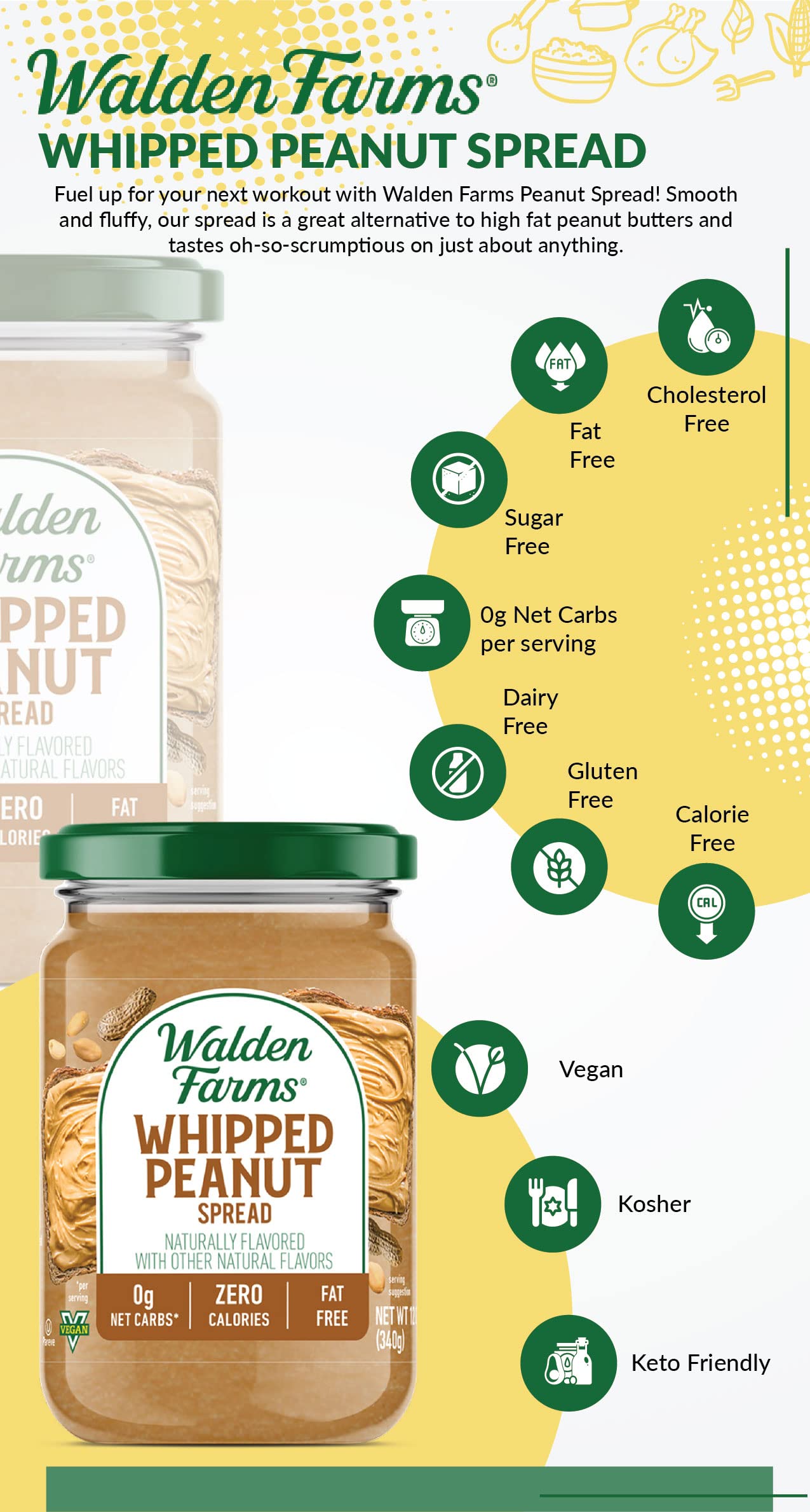 Walden Farms Whipped Peanut Spread 12 oz Jar, Rich and Creamy, 0g Net Carbs, Kosher Certified,Perfect for Spreading, Dipping, Dunking or Snacking, Bread, Toast, Crackers, Dessert and Many More