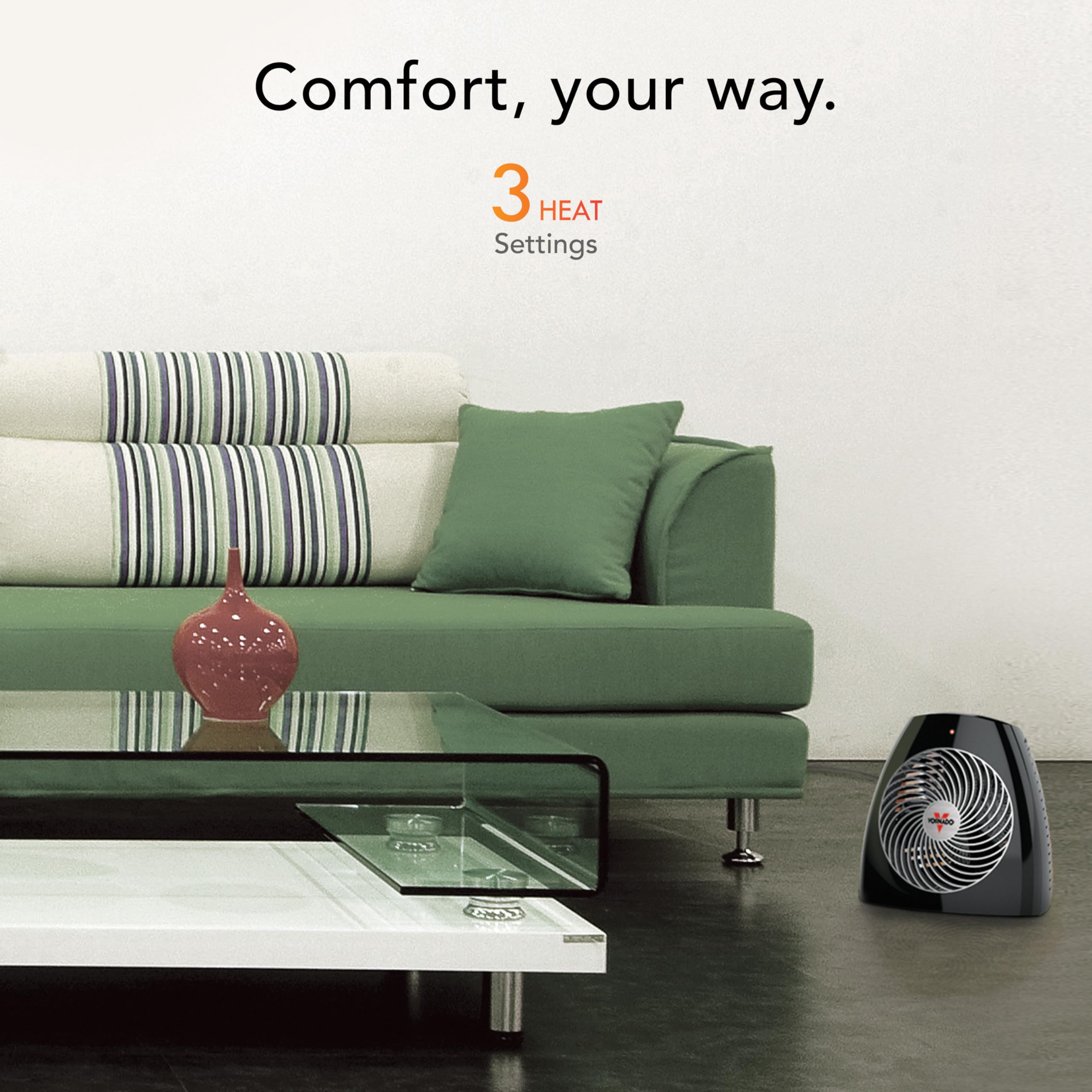 Vornado MVH Space Heater 3 Heat Settings Adjustable Thermostat Tip-Over Protection Auto Safety Shut-Off System Indoor Use Whole Room Black