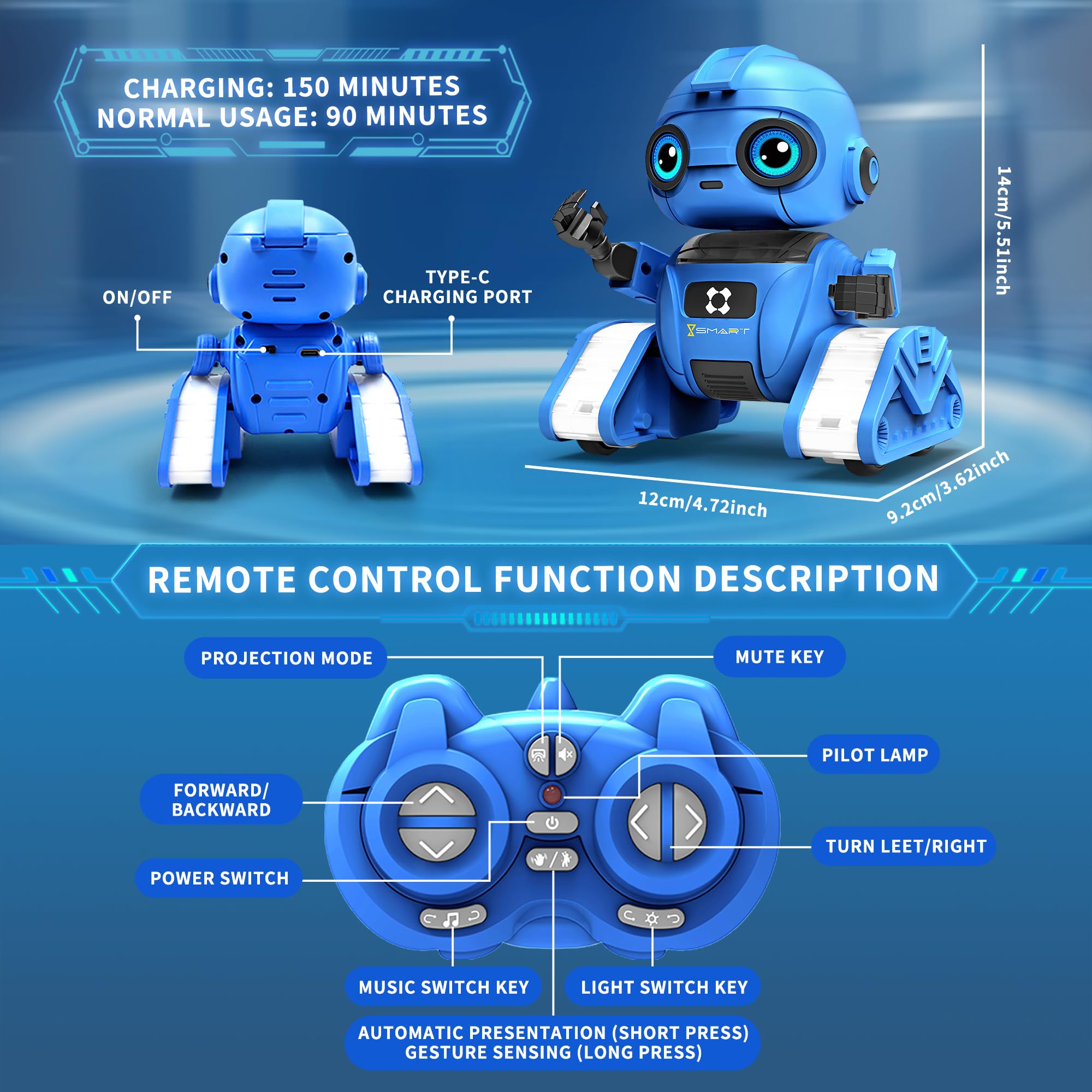 Robot Toys for Boys and Girls, Rechargeable Remote Control Robot with Auto-Demonstration, Light Projection, Dance Moves, Music, and Gesture Sensing –Toy Robot Gifts for 3,4,5,6 Year old Boys (Blue)