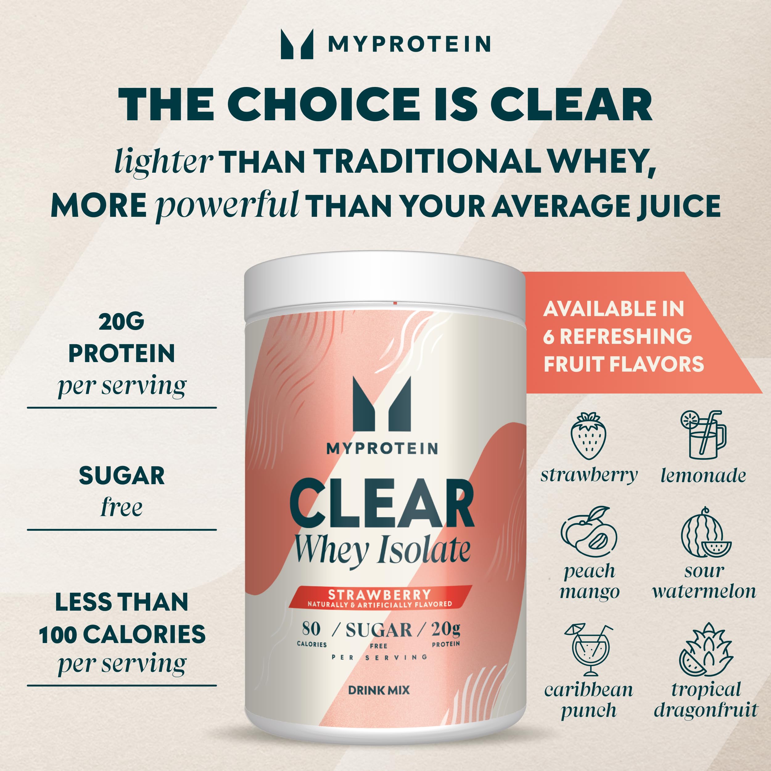 Myprotein Clear Whey Isolate Protein Powder, 1.1 Lb (20 Servings) Strawberry, 20g Protein per Serving, Naturally Flavored Drink Mix