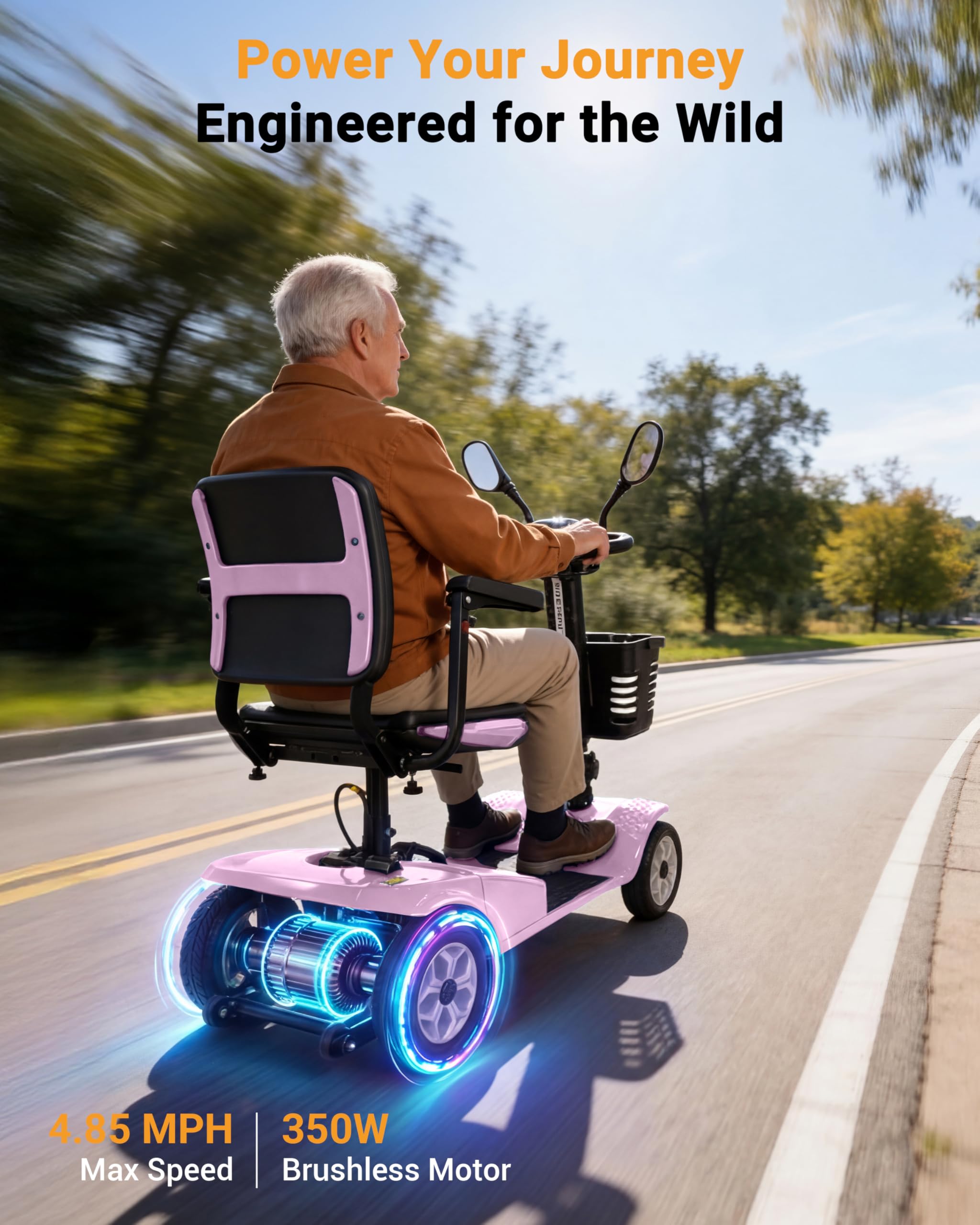 4 Wheel Mobility Scooter 400 LB Capacity, Heavy Duty Electric Scooter for Adults with Adjustable Seat & 27.6” Armrest Spacing, Powered Mobility scooters for Commuting Community & Outdoor Camping, Pink