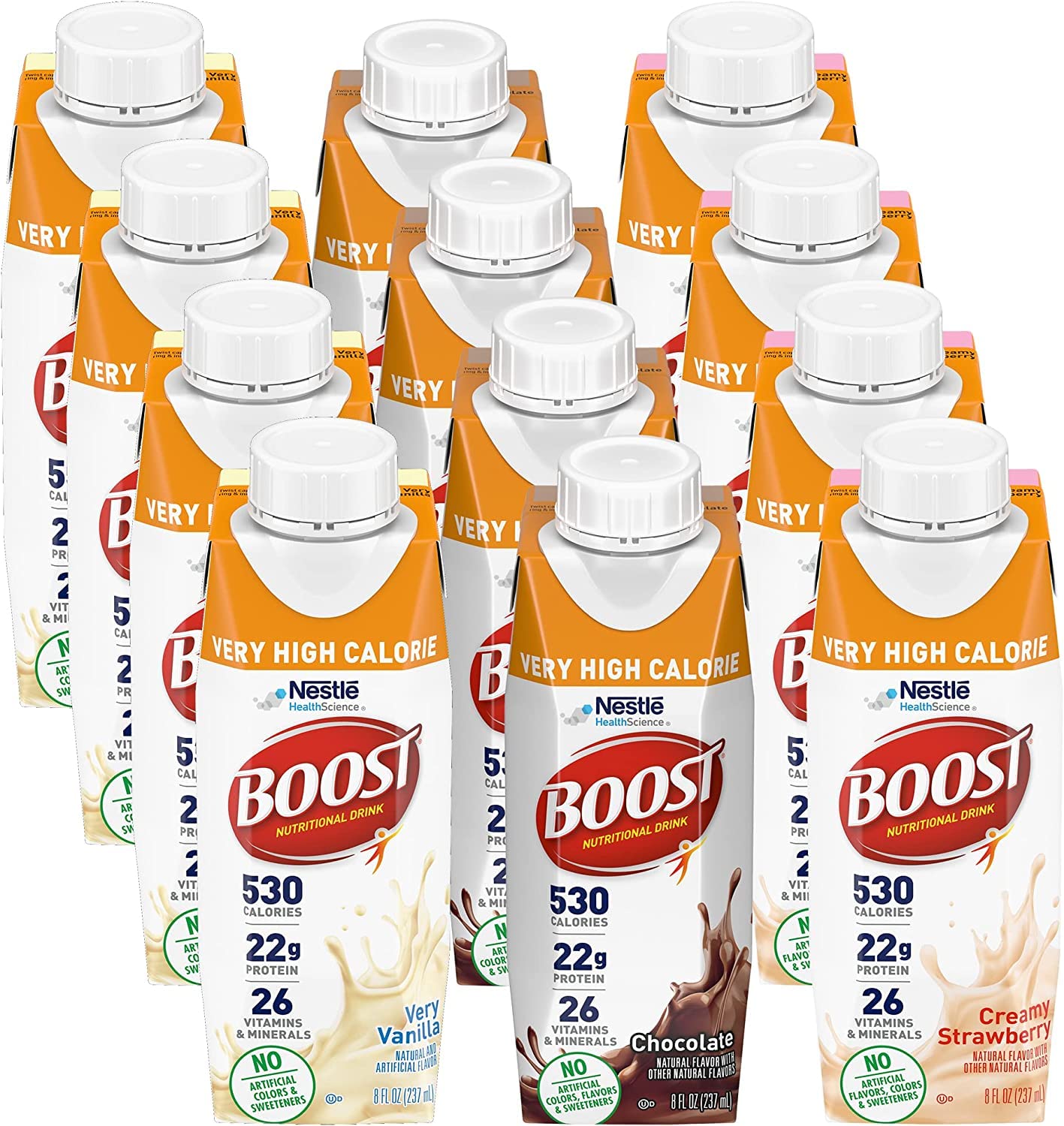 Boost Very High Calorie Nutritional Drink Variety Pack, 4 Bottles Very Vanilla, 4 Bottles Chocolate, 4 Bottles Creamy Strawberry, 8 FL OZ Bottles, 12 CT