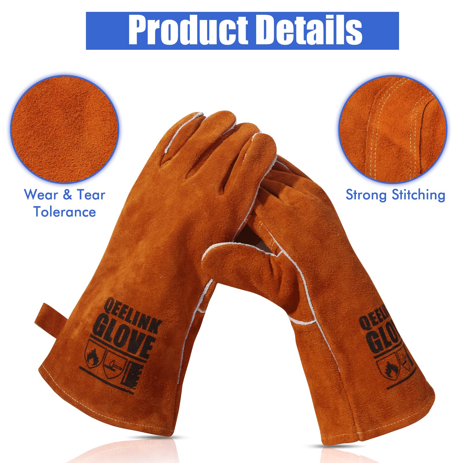 QeeLink Welding Gloves - Heat/Fire Resistant Lined Leather and Fireproof Stitching-Fireplace/BBQ/Gardening for Men or Women (14-inch, Brown)