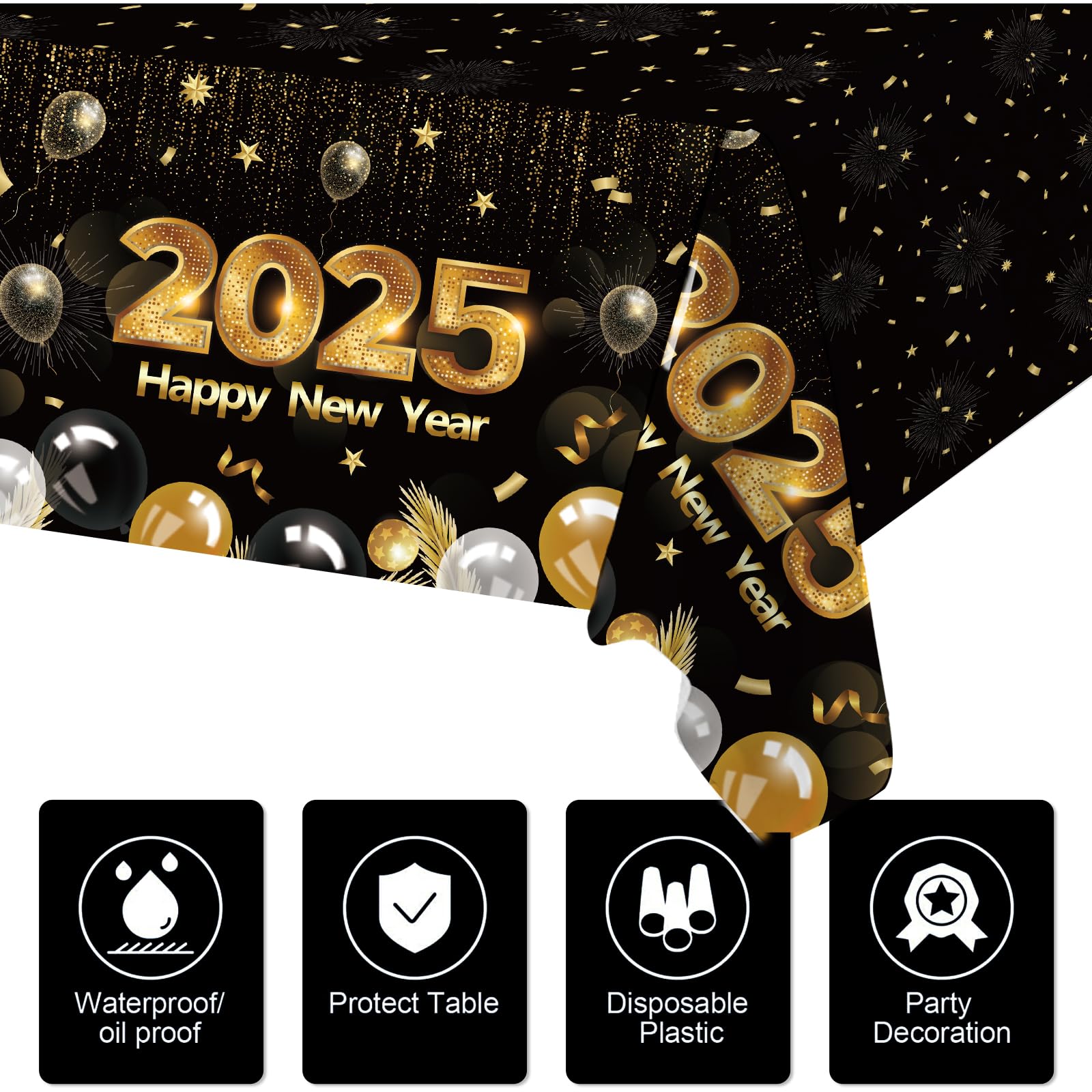 Happy New Years Eve Party Supplies 2025 - New Years Decorations Black and Gold Confetti Balloon Garland Arch Kit Happy New Year Backdrop Tablecloth for New Year Party Anniversary Retirement Graduation