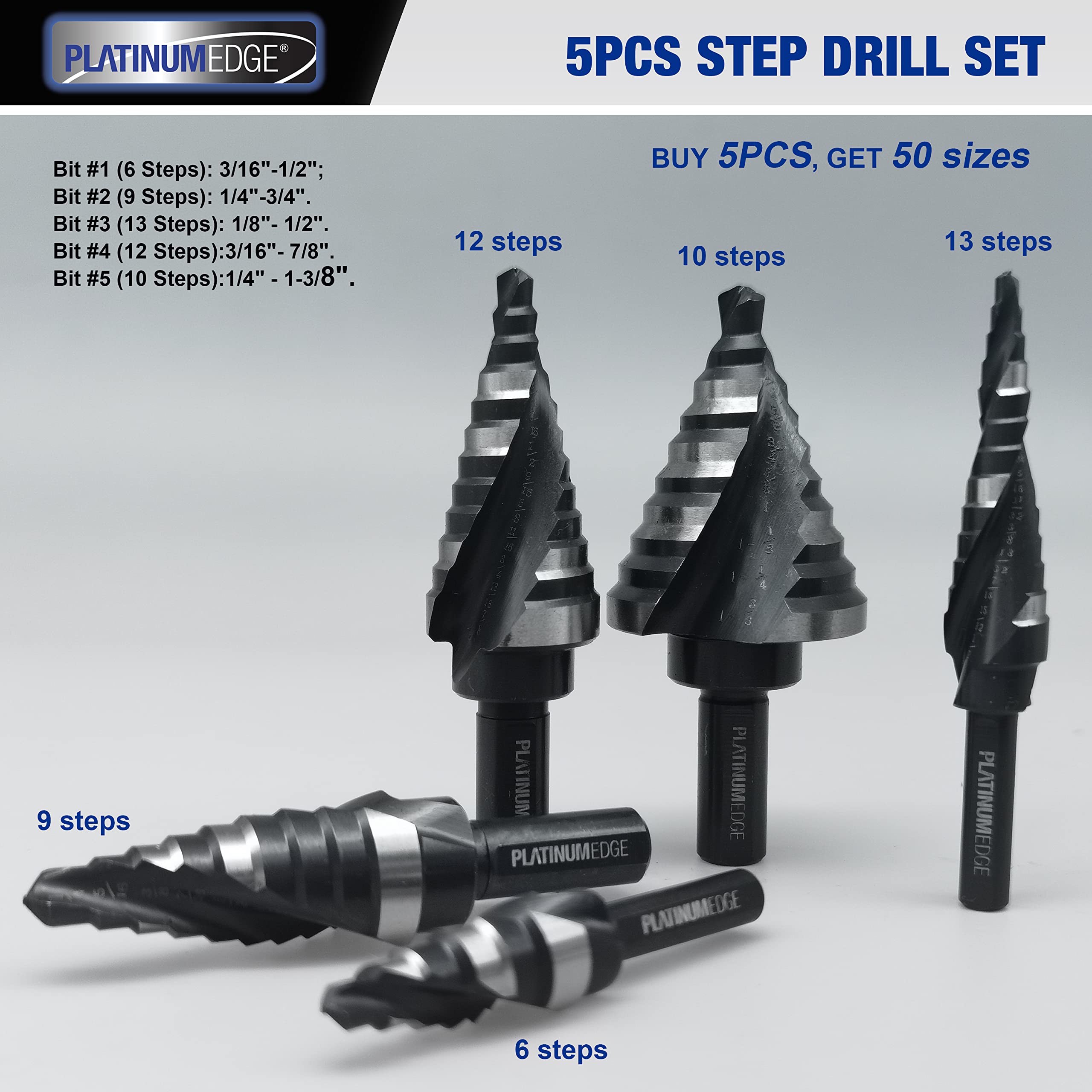 PLATINUMEDGE Step Drill Bits Set, 5 Pcs High Speed Steel Step Drill Bit for Sheet Metal, 50 Step Sizes Hole Drilling, Double Flute Cutting Blades, Nitride Black Coating and Polished, Storage Box