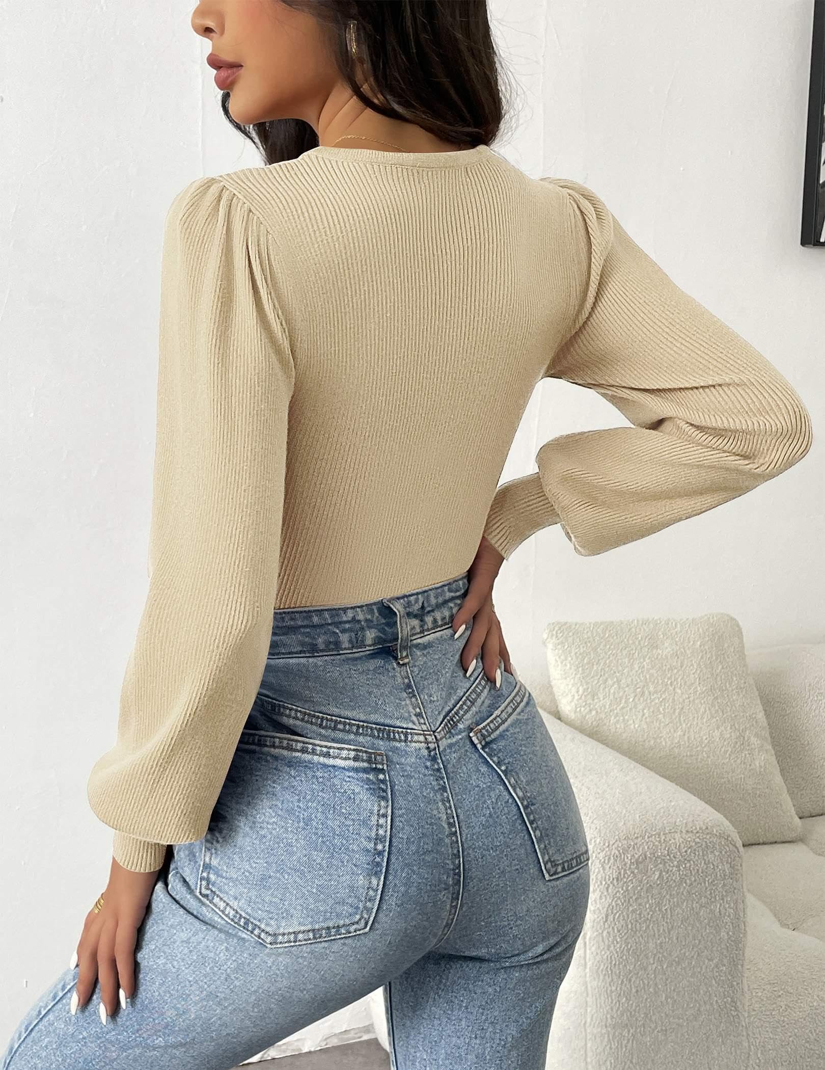 Zeagoo Women 2024 Long Puff Sleeve Sweater Fall Slim Fit Pullover Tops Crewneck Ribbed Knit Bodysuit Jumpsuit Coffee Medium