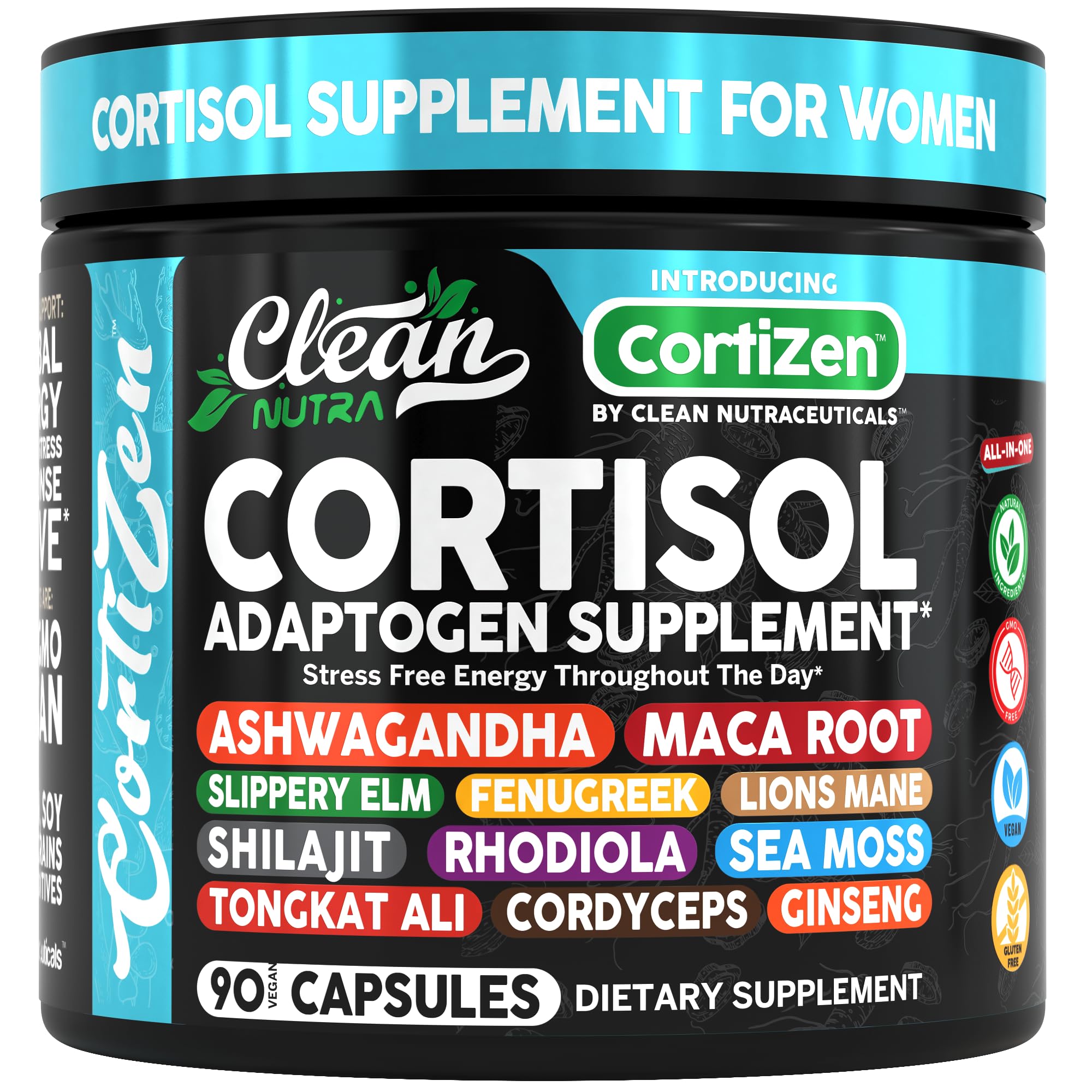 Clean Nutra Cortisol Supplements For Women | Maca Root Ashwagandha Cortisol Detox Manager Reducer + Slippery Elm Fenugreek Lions Mane Shilajit Rhodiola Sea Moss Tongkat Ali Cordyceps Ginseng Beet Root