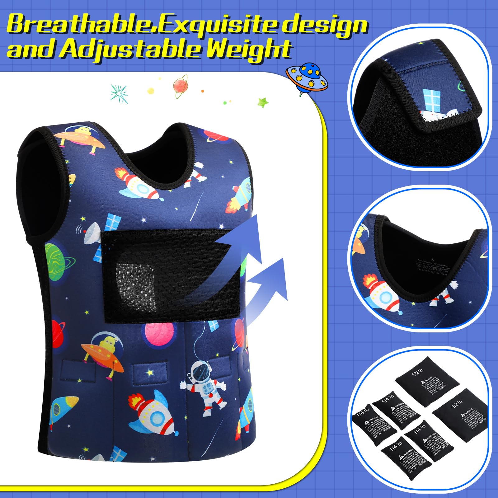 Janmercy Weighted Vest for Kids Ages 4 to 7 and Ages 8+ Boy Girl Adjustable Breathable Compression Vest for Processing Issue(Rocket,Small,Dark Blue)